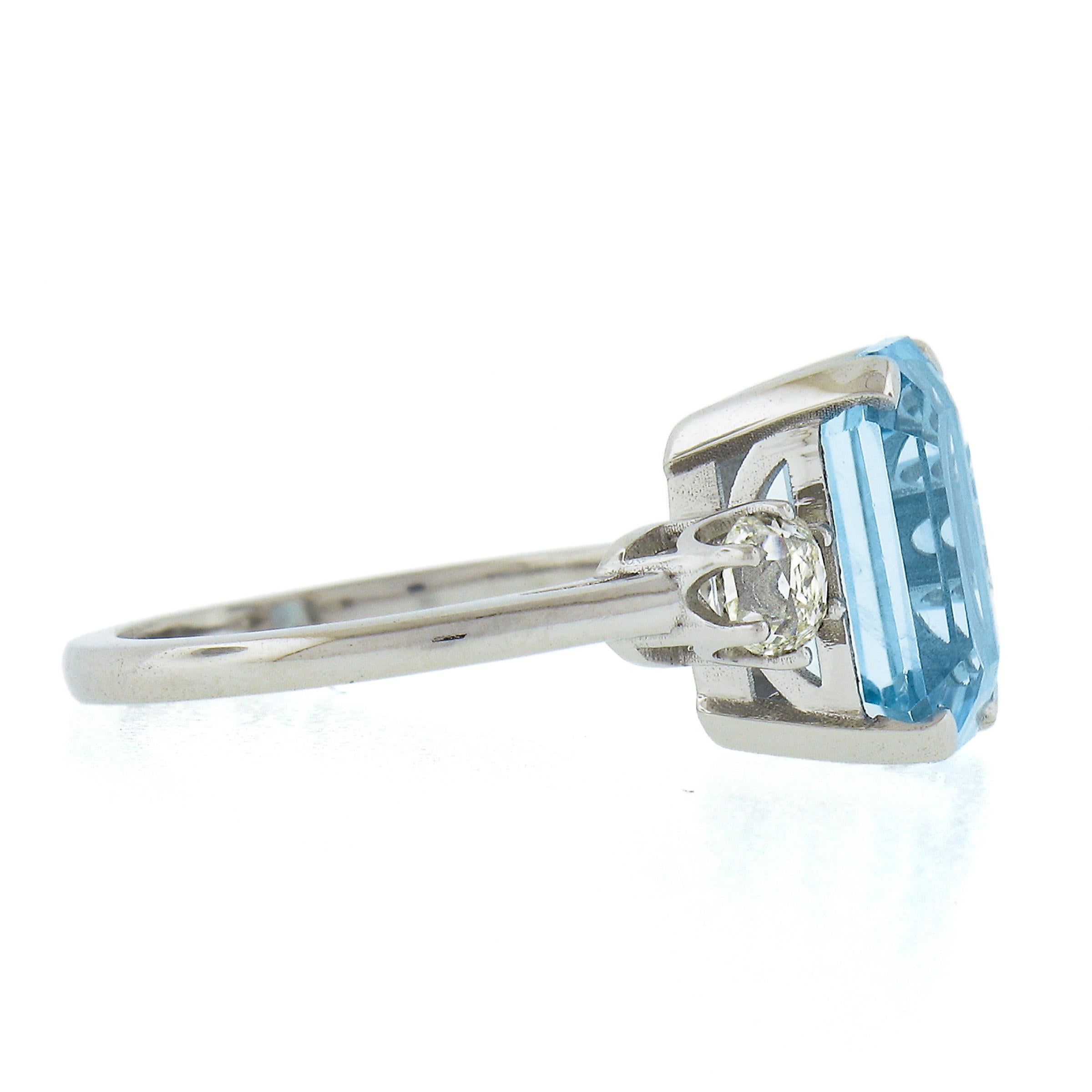 Women's Vintage Platinum 4.45ctw Step Cut Aquamarine & Old Cut Diamond Cocktail Ring For Sale