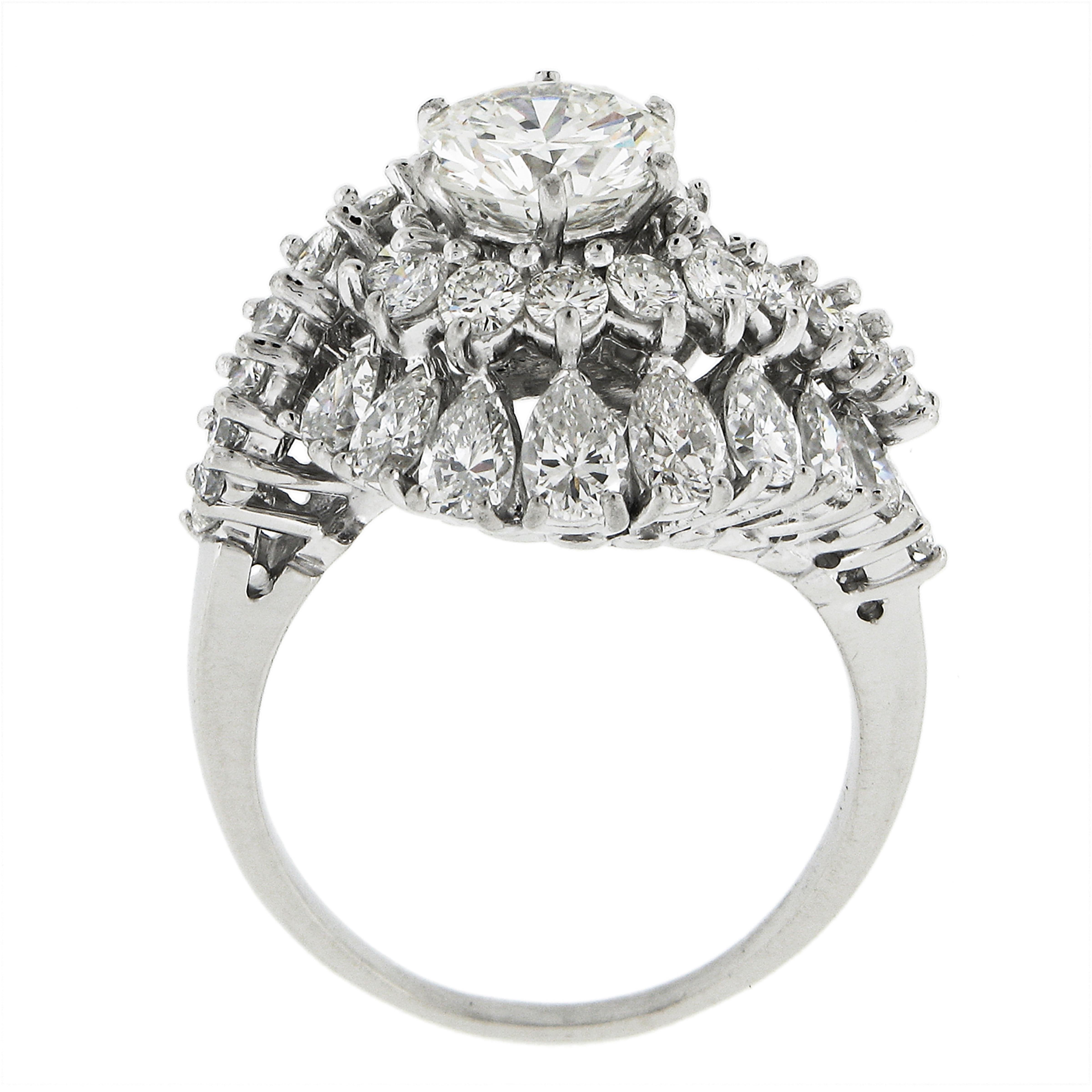Vintage Platinum 4.58ctw GIA Round & Pear Cut Diamond Domed Swirl Cocktail Ring For Sale 3