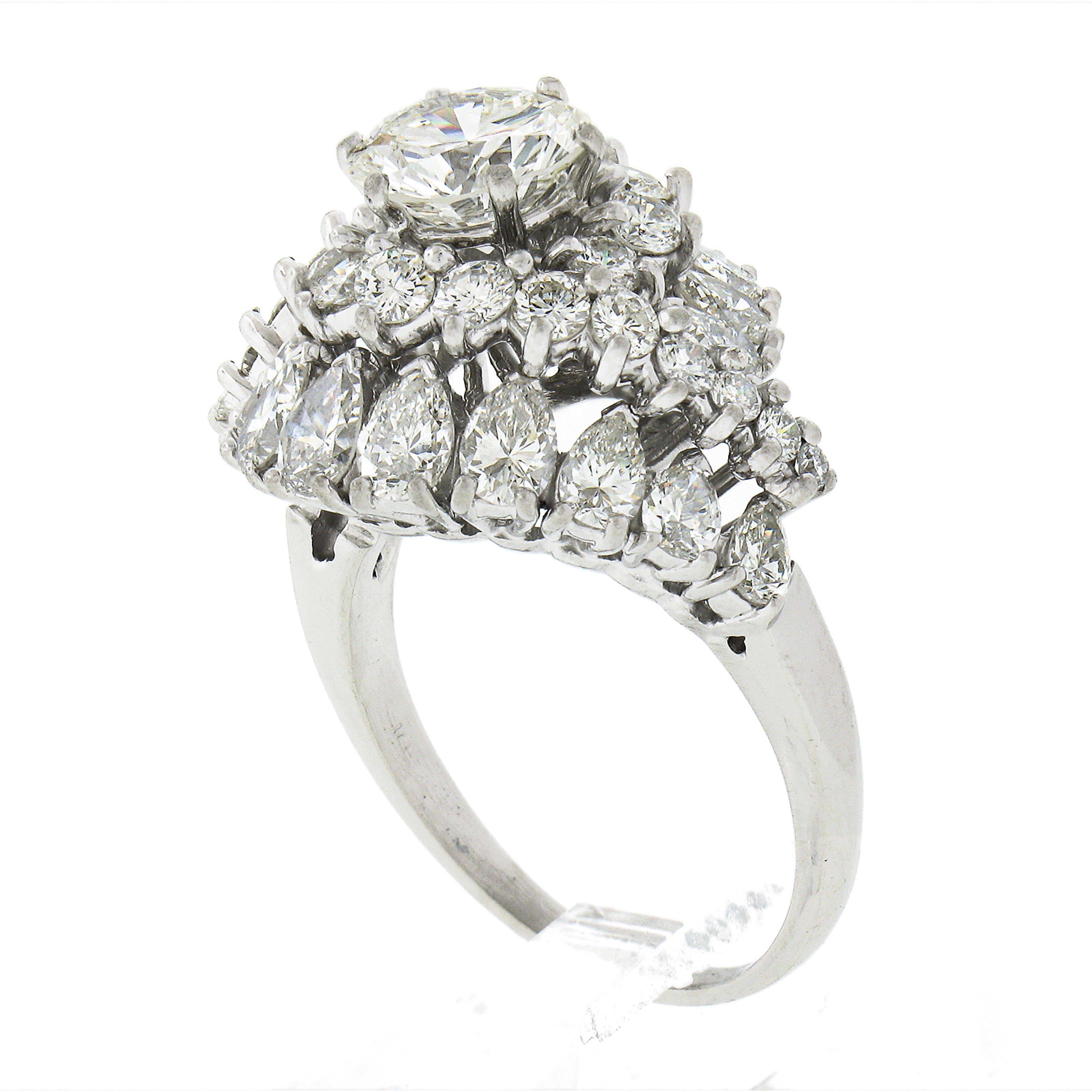 Vintage Platinum 4.58ctw GIA Round & Pear Cut Diamond Domed Swirl Cocktail Ring For Sale 4