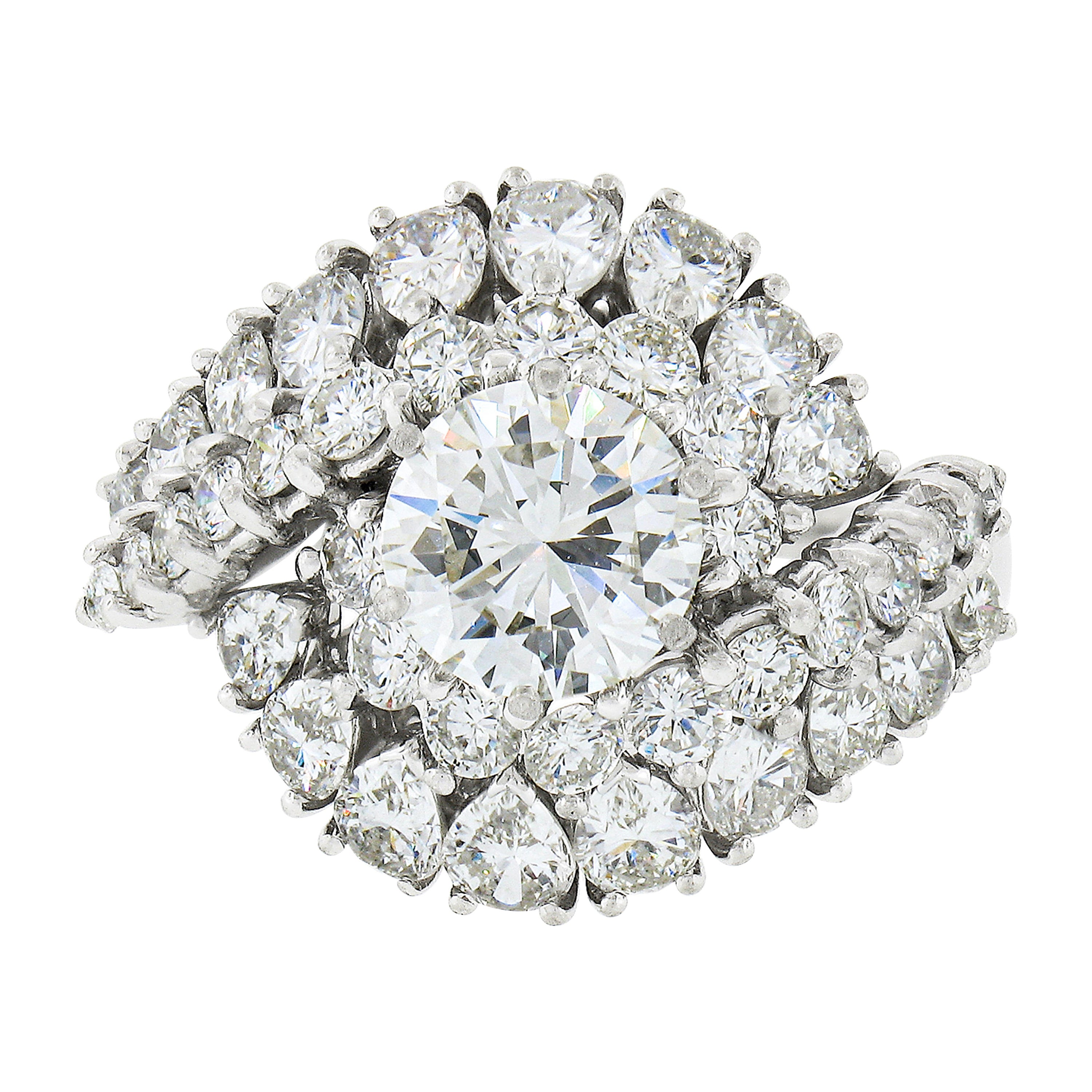 Bague cocktail tourbillonnante vintage en platine avec diamants taille ronde et poire de 4,58 carats certifiés GIA