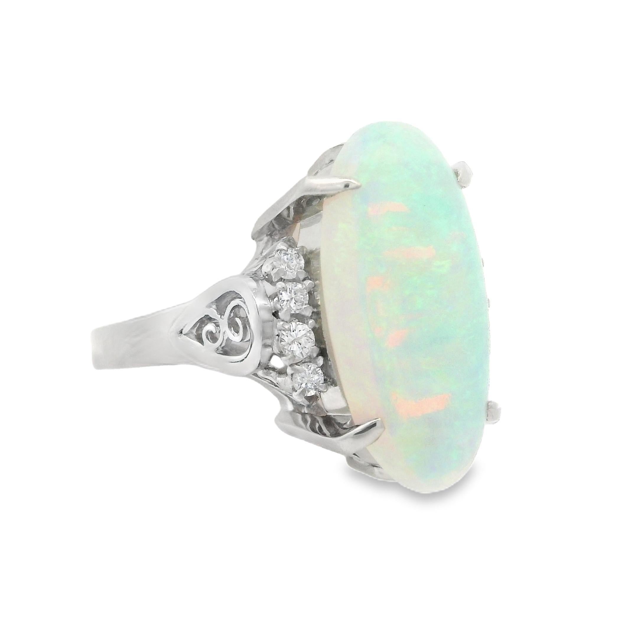 Vintage Platinum 4.59ctw Elongated Oval Opal & Diamond Cocktail Ring For Sale 5