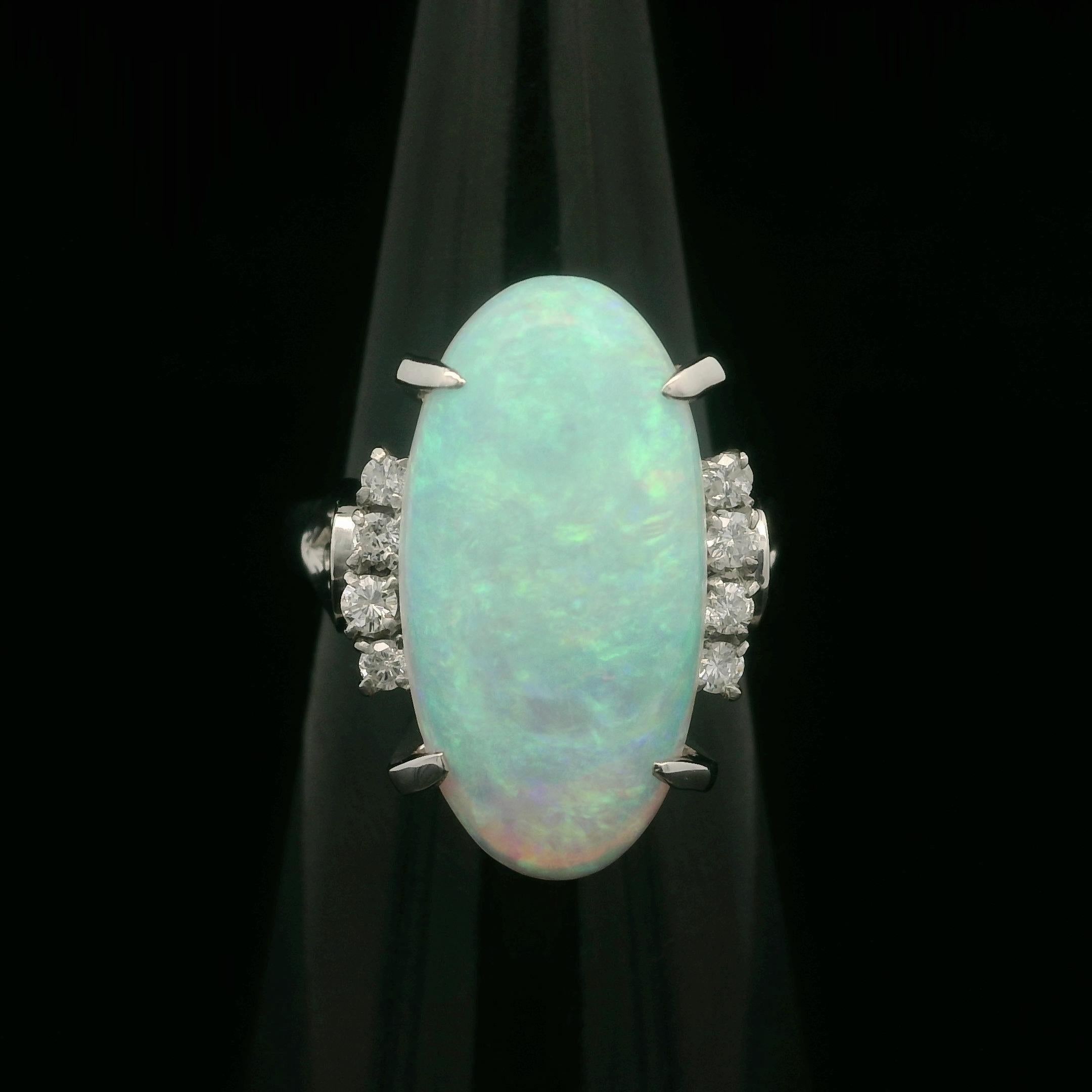 Vintage Platinum 4.59ctw Elongated Oval Opal & Diamond Cocktail Ring For Sale 9
