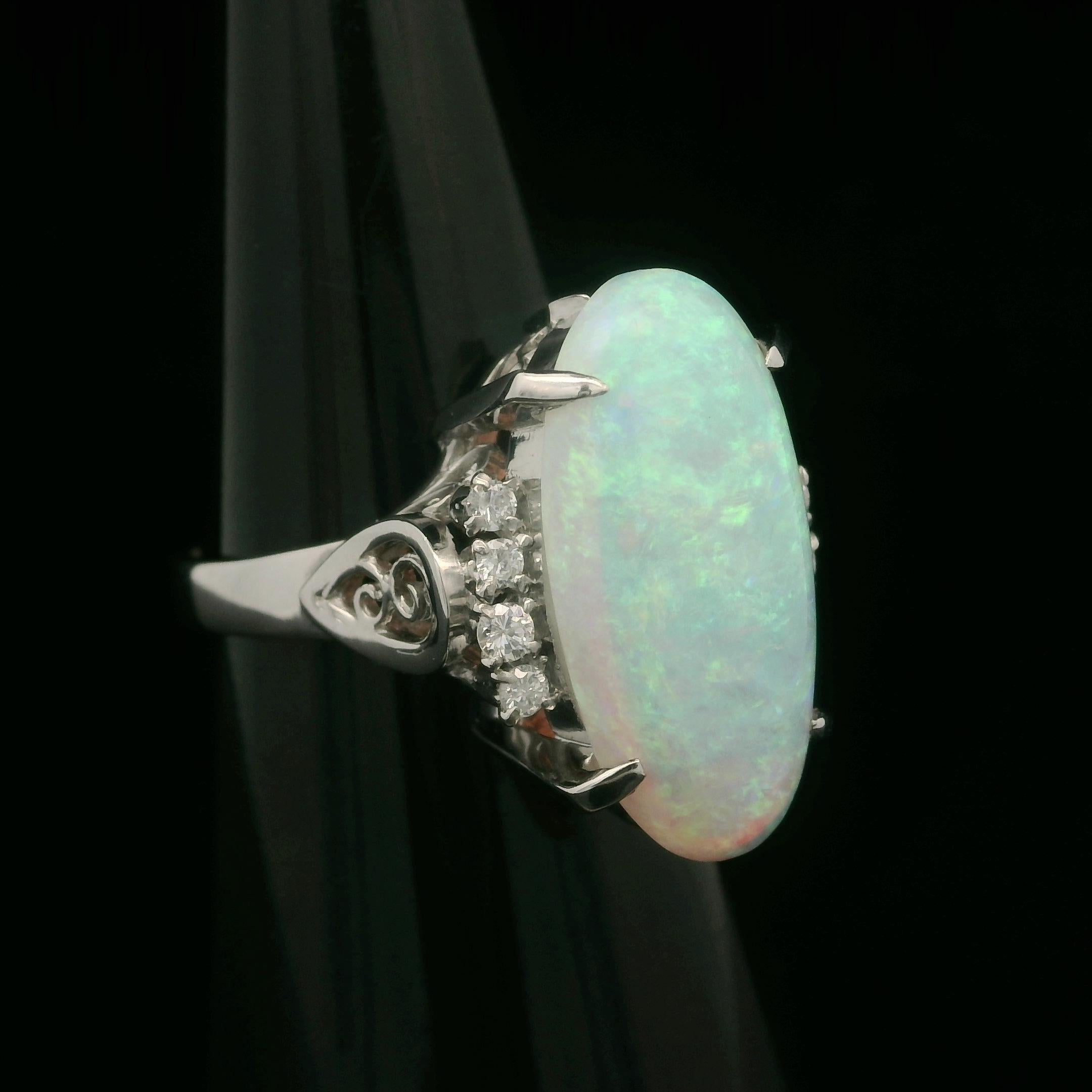 Vintage Platinum 4.59ctw Elongated Oval Opal & Diamond Cocktail Ring For Sale 10