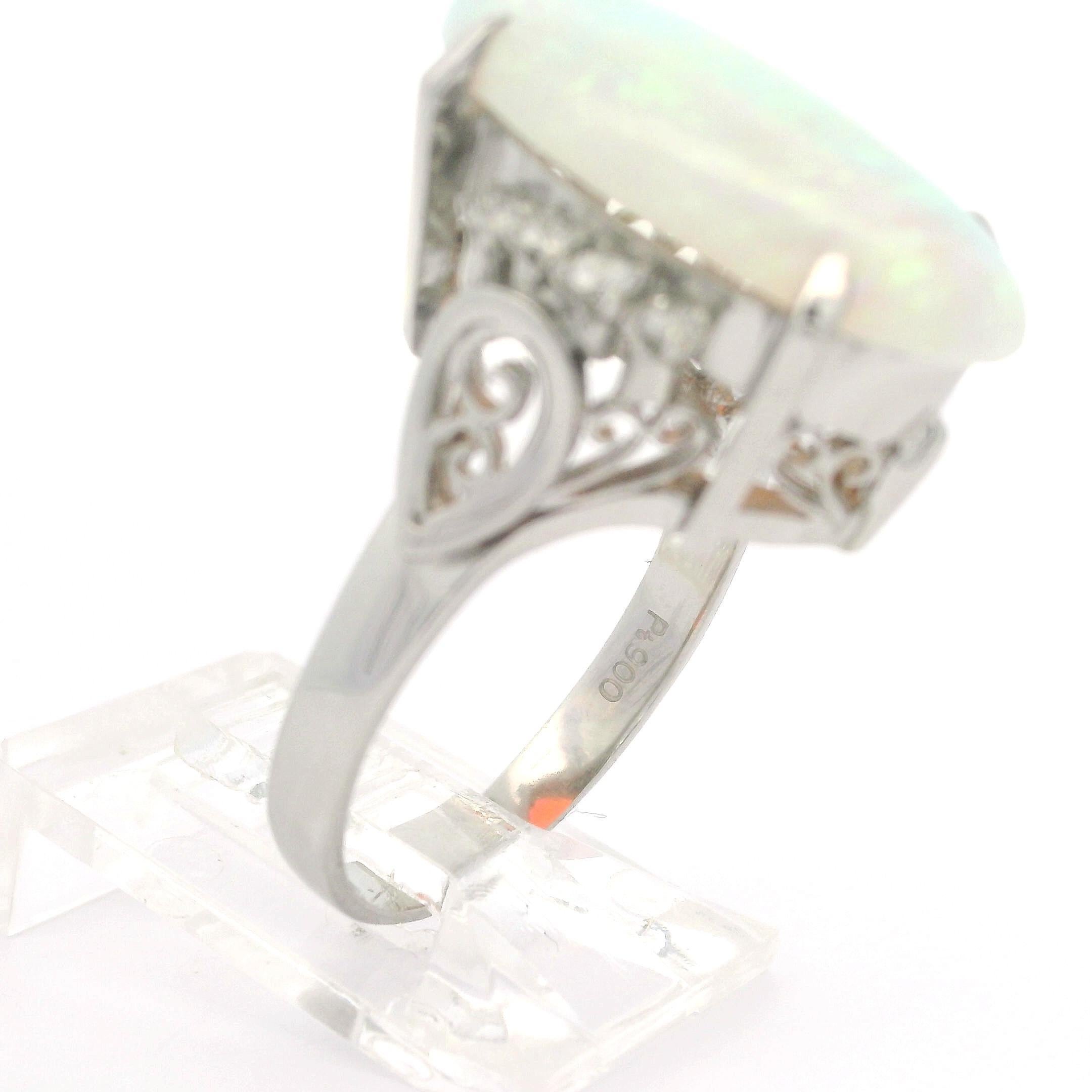 Cabochon Vintage Platinum 4.59ctw Elongated Oval Opal & Diamond Cocktail Ring For Sale