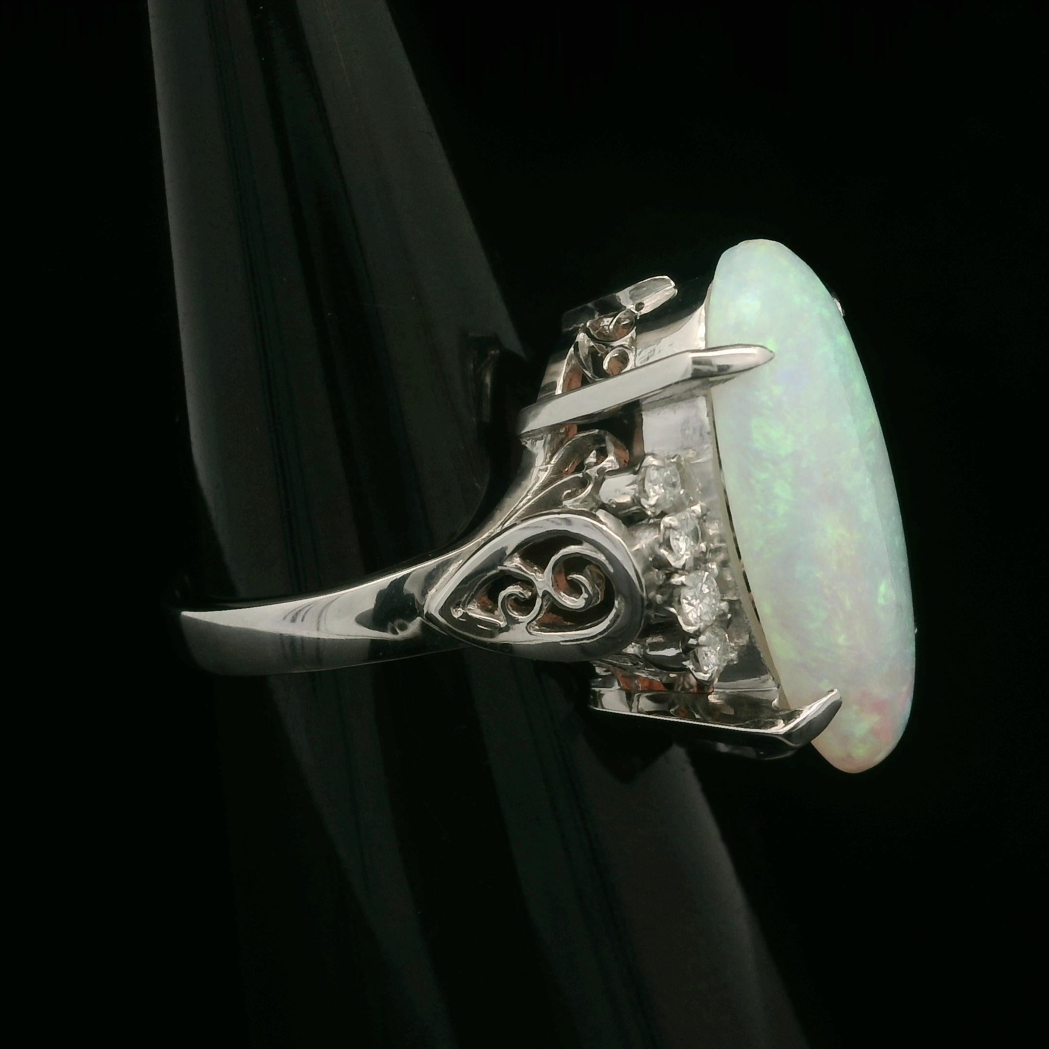 Vintage Platinum 4.59ctw Elongated Oval Opal & Diamond Cocktail Ring For Sale 1