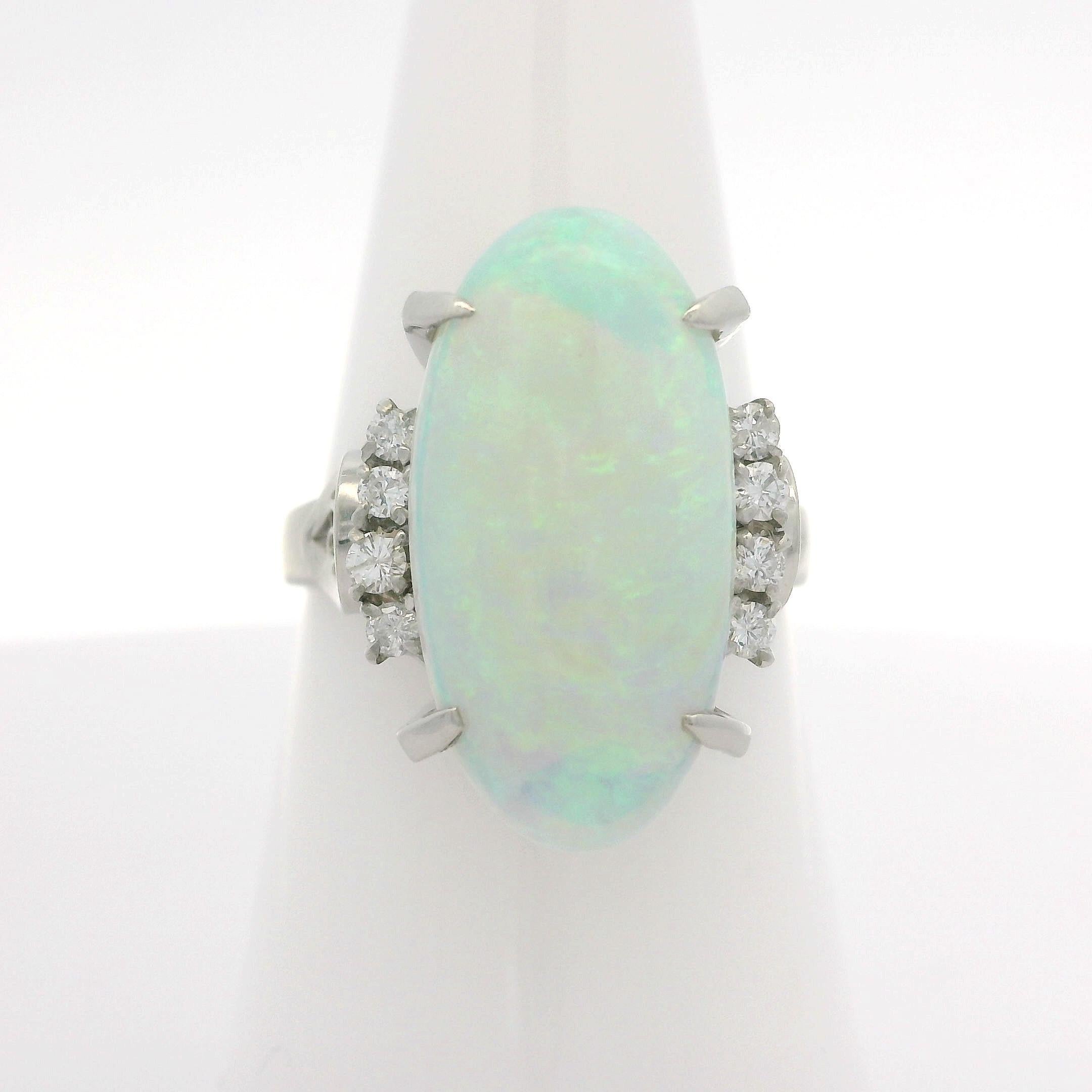 Vintage Platinum 4.59ctw Elongated Oval Opal & Diamond Cocktail Ring For Sale 3