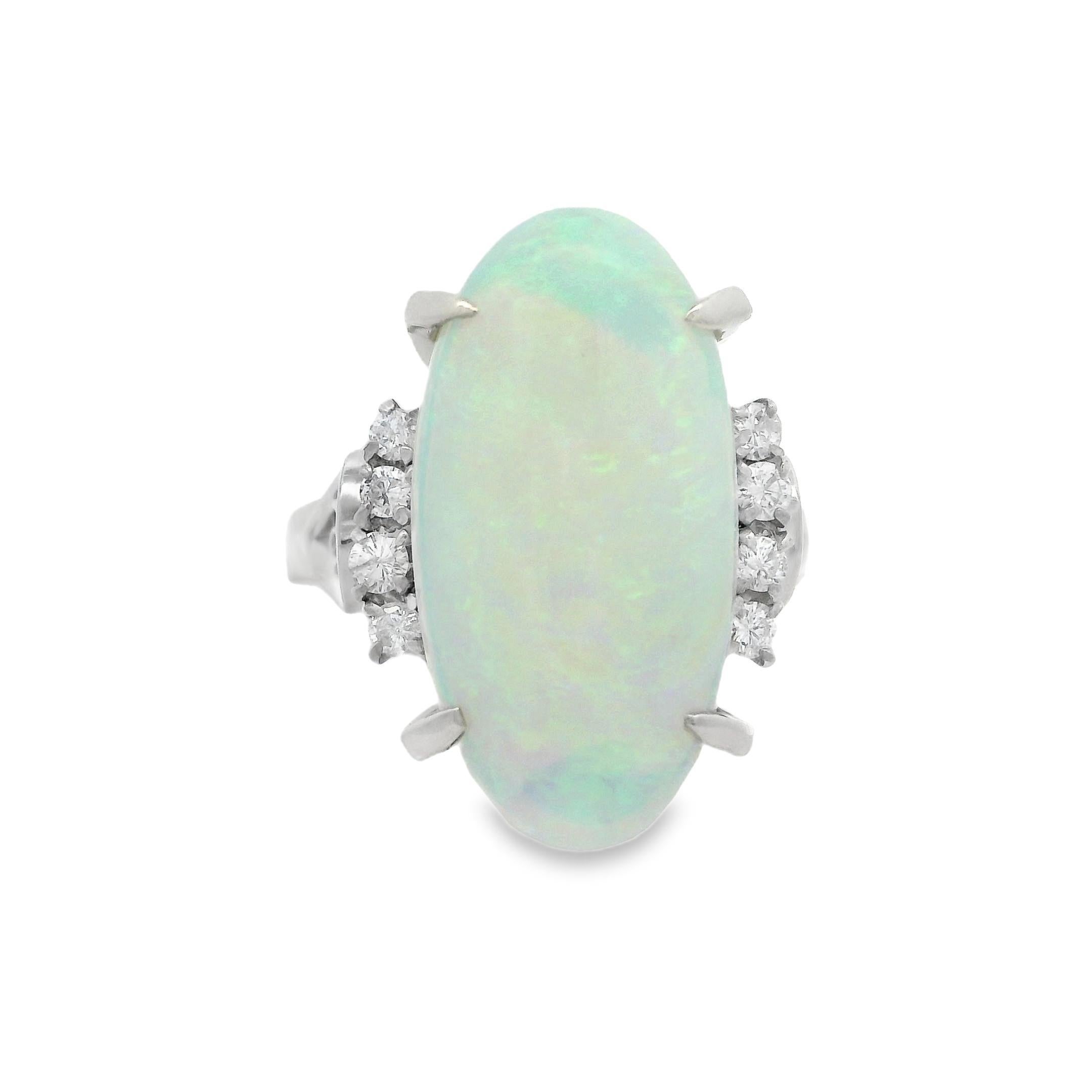 Vintage Platinum 4.59ctw Elongated Oval Opal & Diamond Cocktail Ring For Sale 4