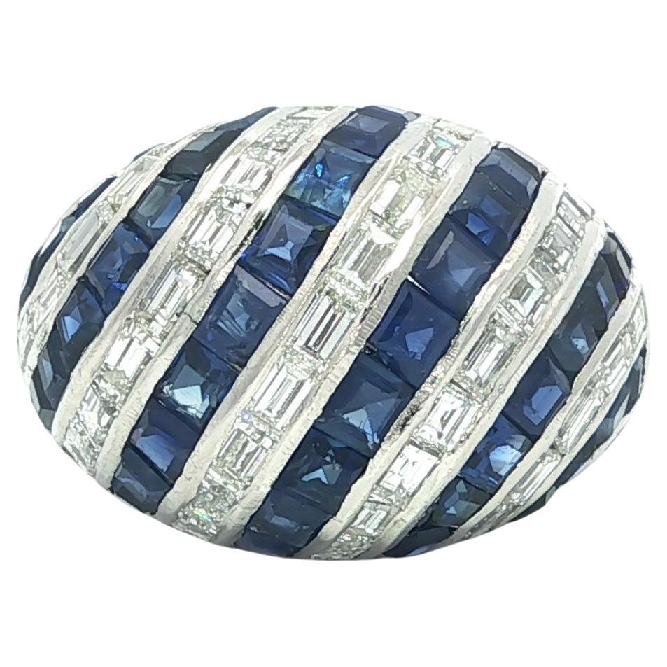 Vintage Platinum 4.70ctw Baguette Blue Sapphire 
Diamond Domed Bombe Ring For Sale