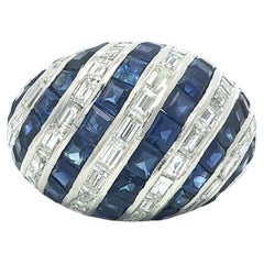 Vintage Platinum 4.70ctw Baguette Blue Sapphire 
Diamond Domed Bombe Ring