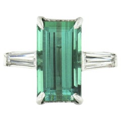 Vintage Platinum 4.72ctw GIA Tourmaline Long Baguette Diamond Three 3 Stone Ring