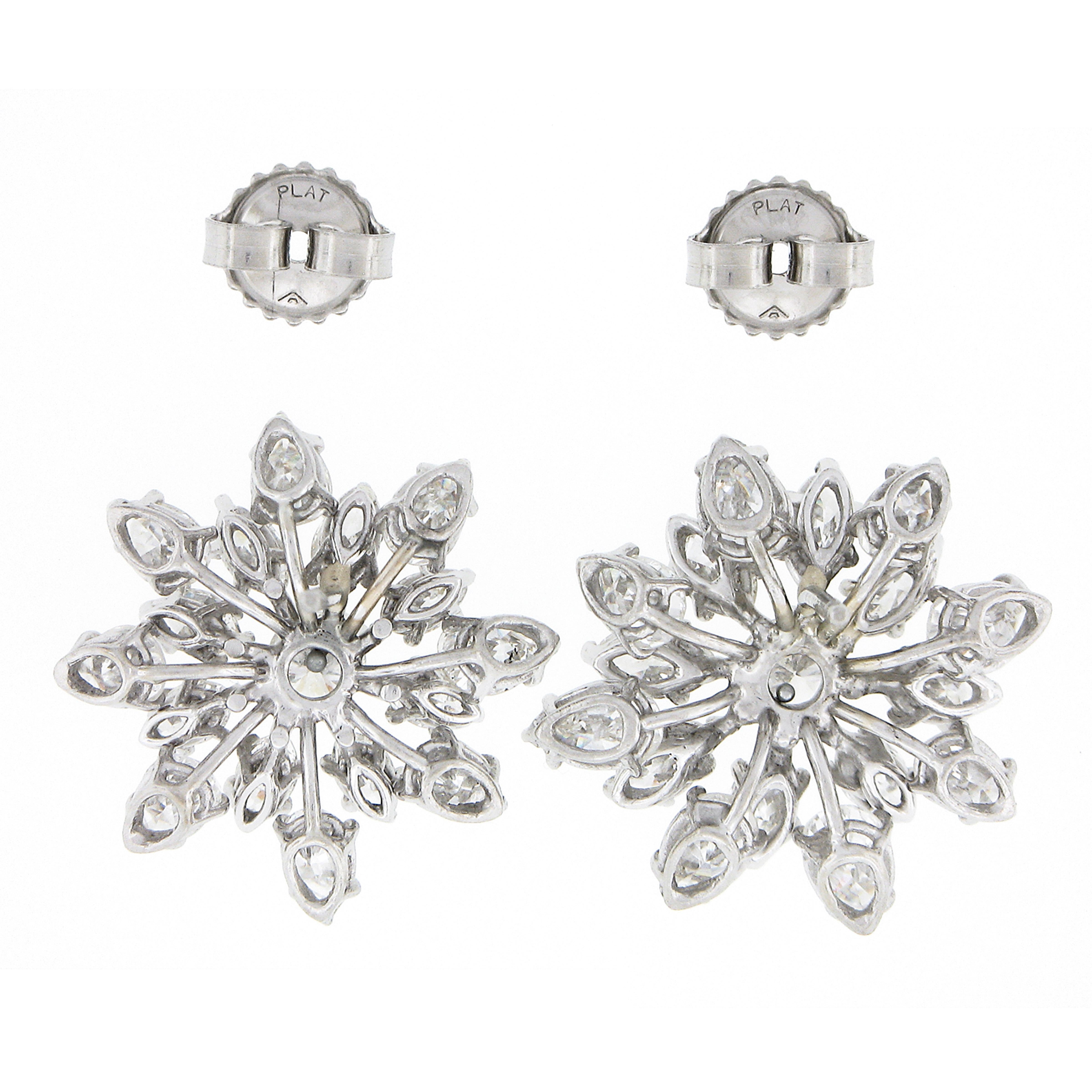 Vintage Platinum 4.84ctw Pear & Marquise Diamond Snowflake Spray Stud Earrings In Good Condition In Montclair, NJ