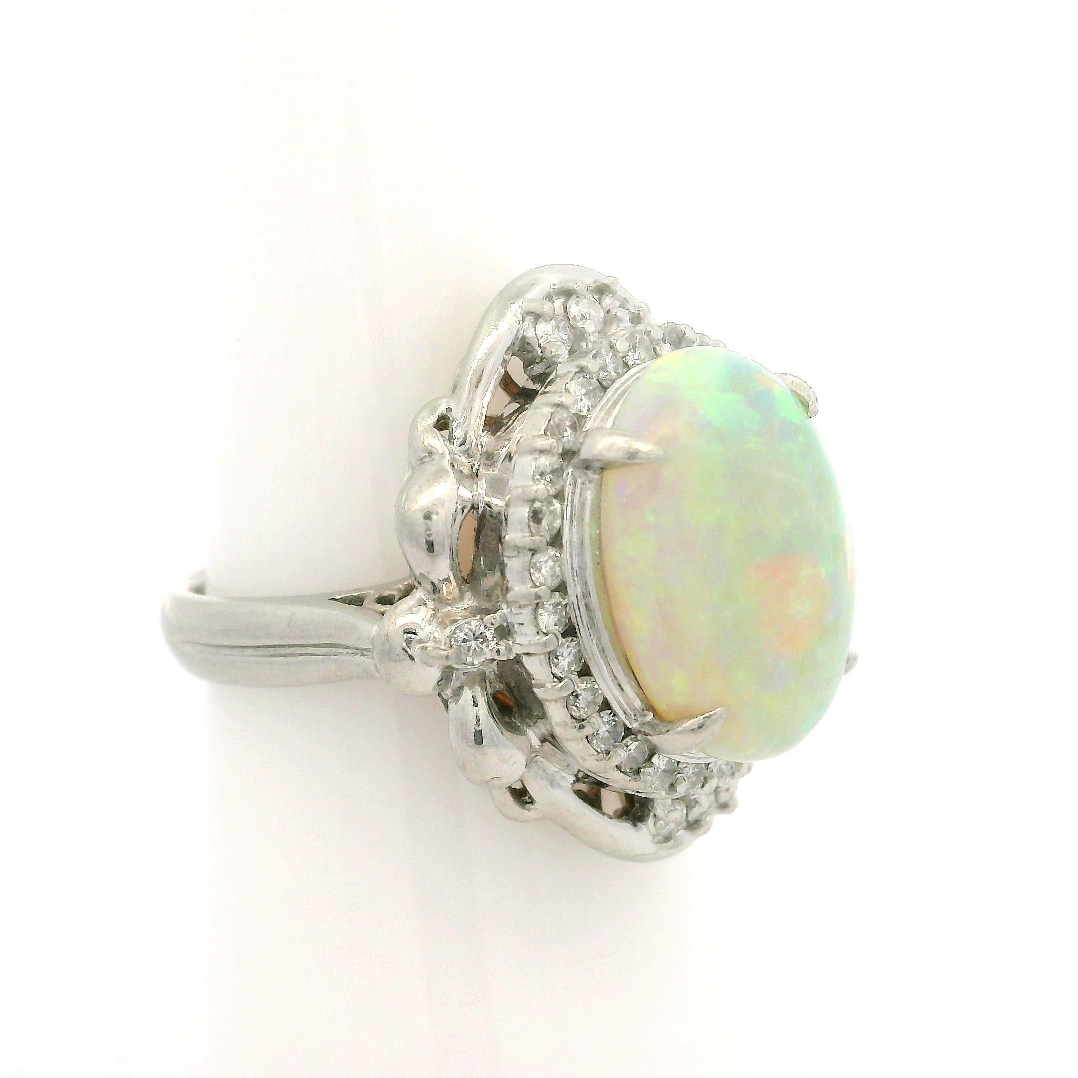 Vintage Platinum 4.88ctw Oval Opal & Diamond Halo Large Cocktail Ring For Sale 5