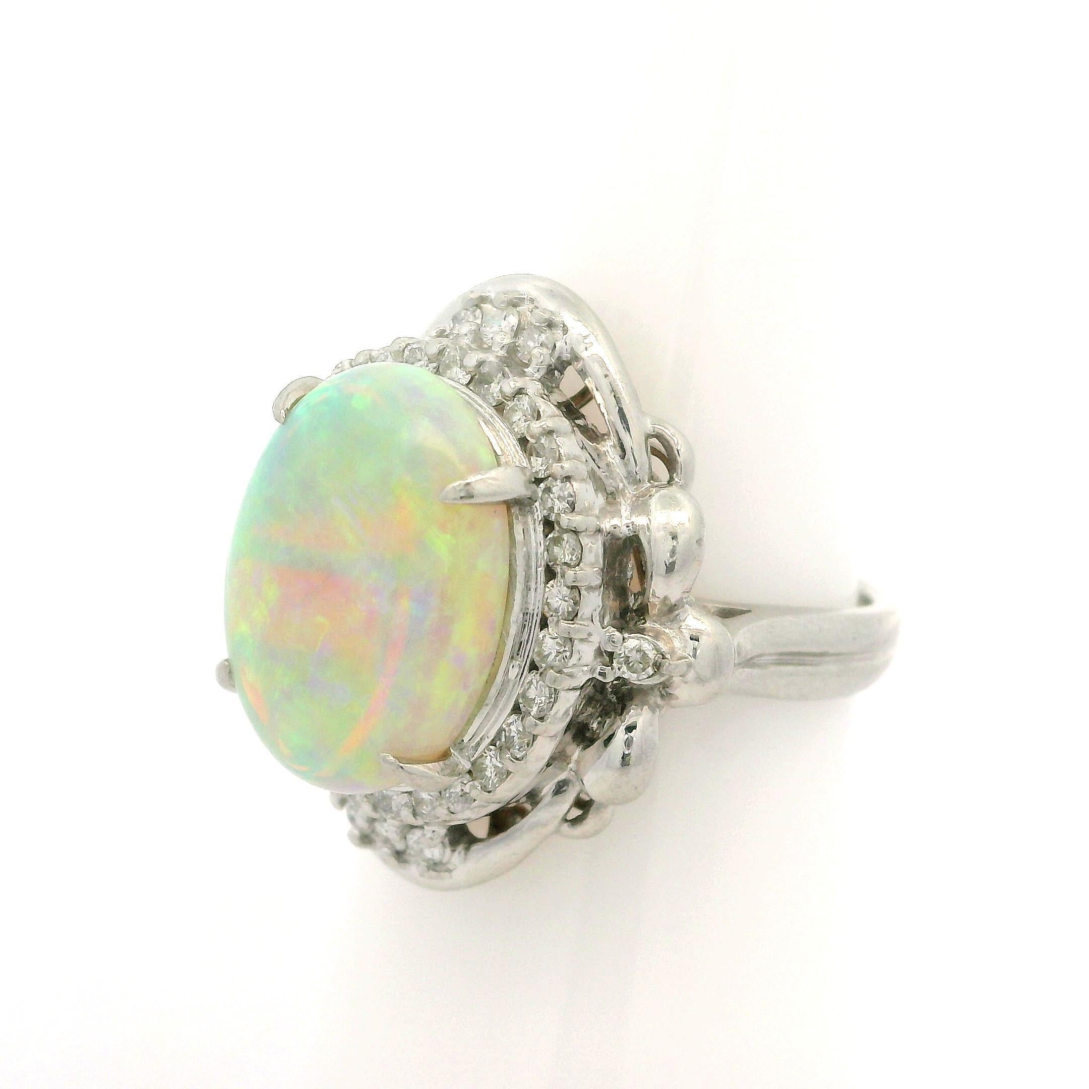 Vintage Platinum 4.88ctw Oval Opal & Diamond Halo Large Cocktail Ring For Sale 6