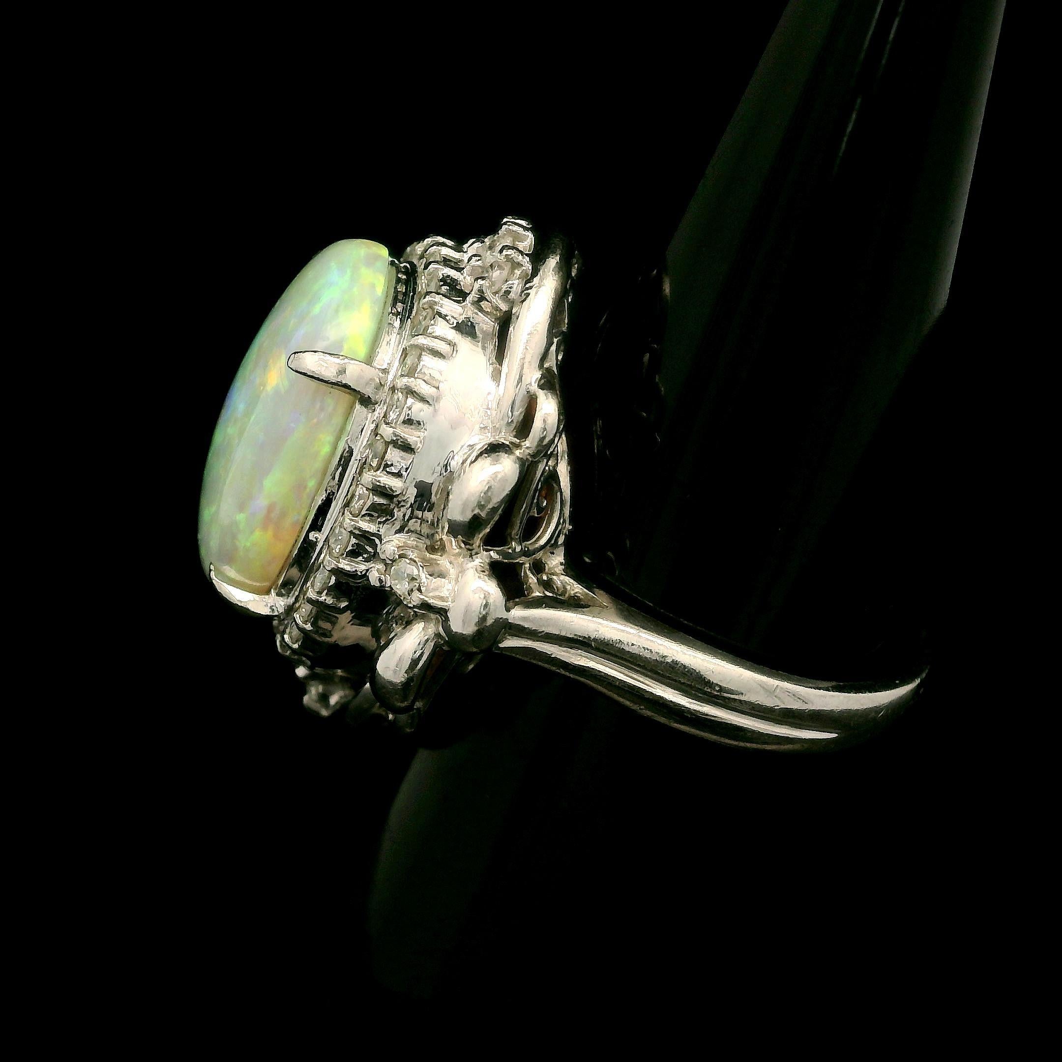 Cabochon Vintage Platinum 4.88ctw Oval Opal & Diamond Halo Large Cocktail Ring For Sale