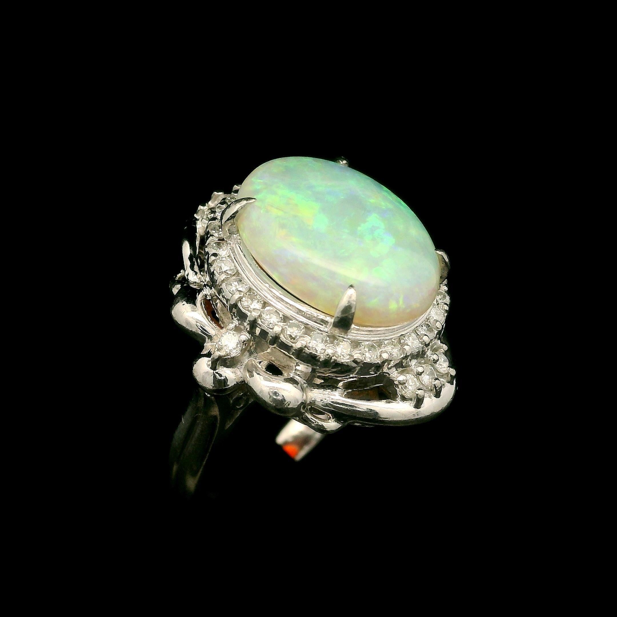 Women's Vintage Platinum 4.88ctw Oval Opal & Diamond Halo Large Cocktail Ring For Sale