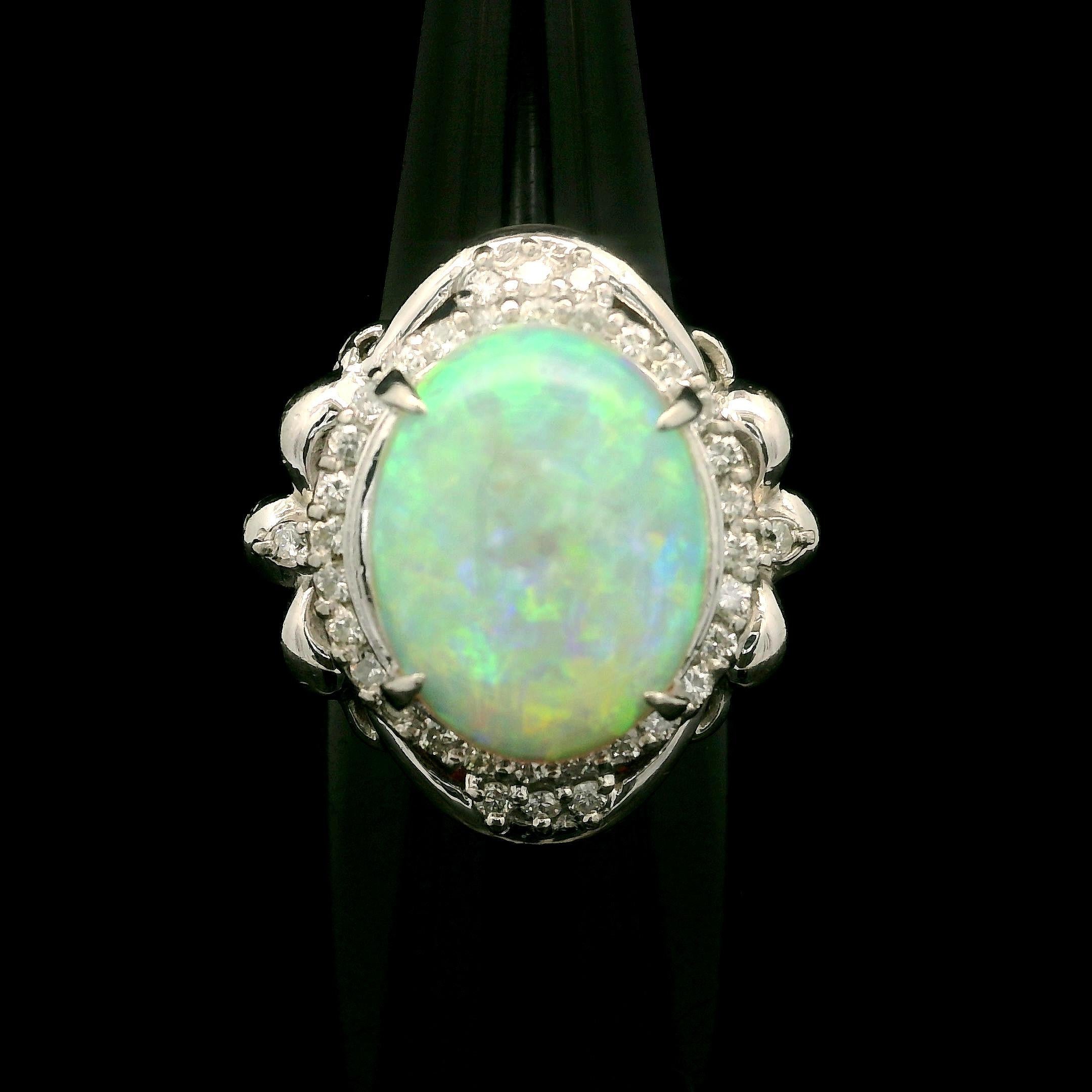 Vintage Platinum 4.88ctw Oval Opal & Diamond Halo Large Cocktail Ring For Sale 2
