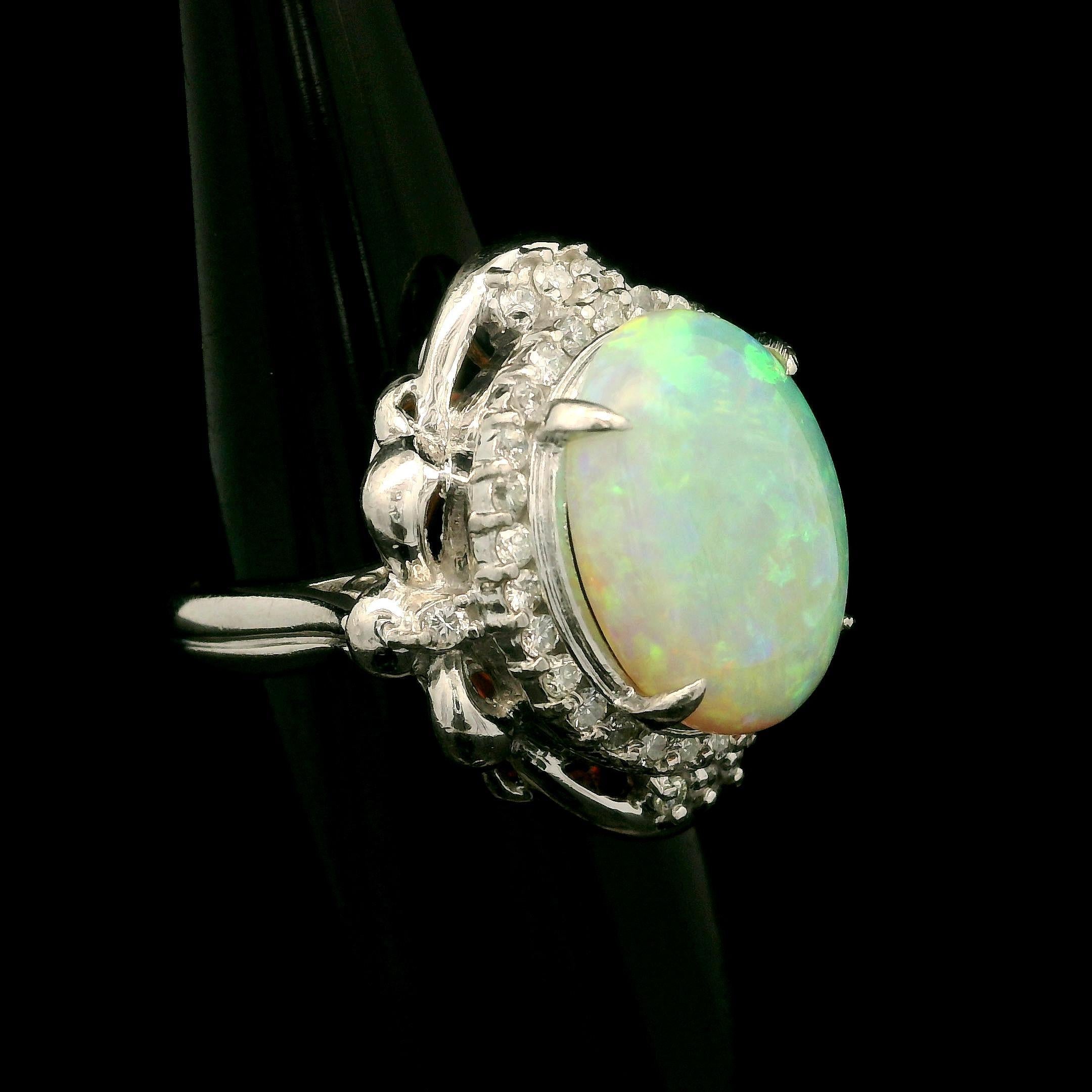 Vintage Platinum 4.88ctw Oval Opal & Diamond Halo Large Cocktail Ring For Sale 3