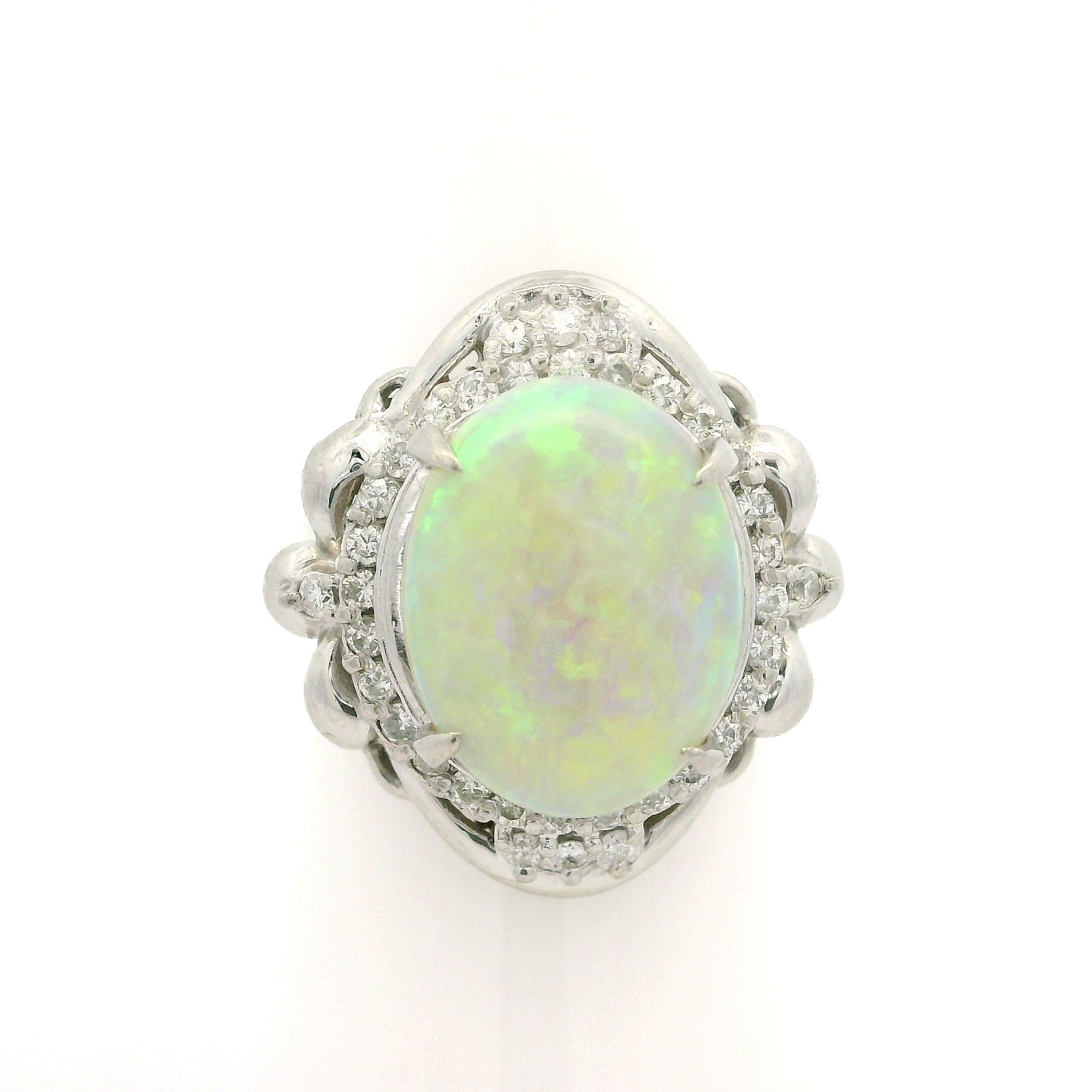 Vintage Platinum 4.88ctw Oval Opal & Diamond Halo Large Cocktail Ring For Sale 4