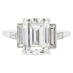 Vintage Platinum 4.95ct GIA F VS1 Emerald & Baguette Cut Diamond Engagement Ring