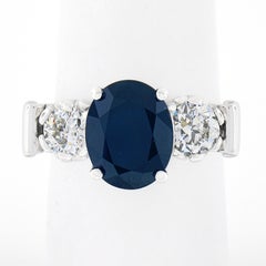 Vintage Platinum 4.95ct GIA Oval Dark Blue Sapphire w/ Old European Diamond Ring