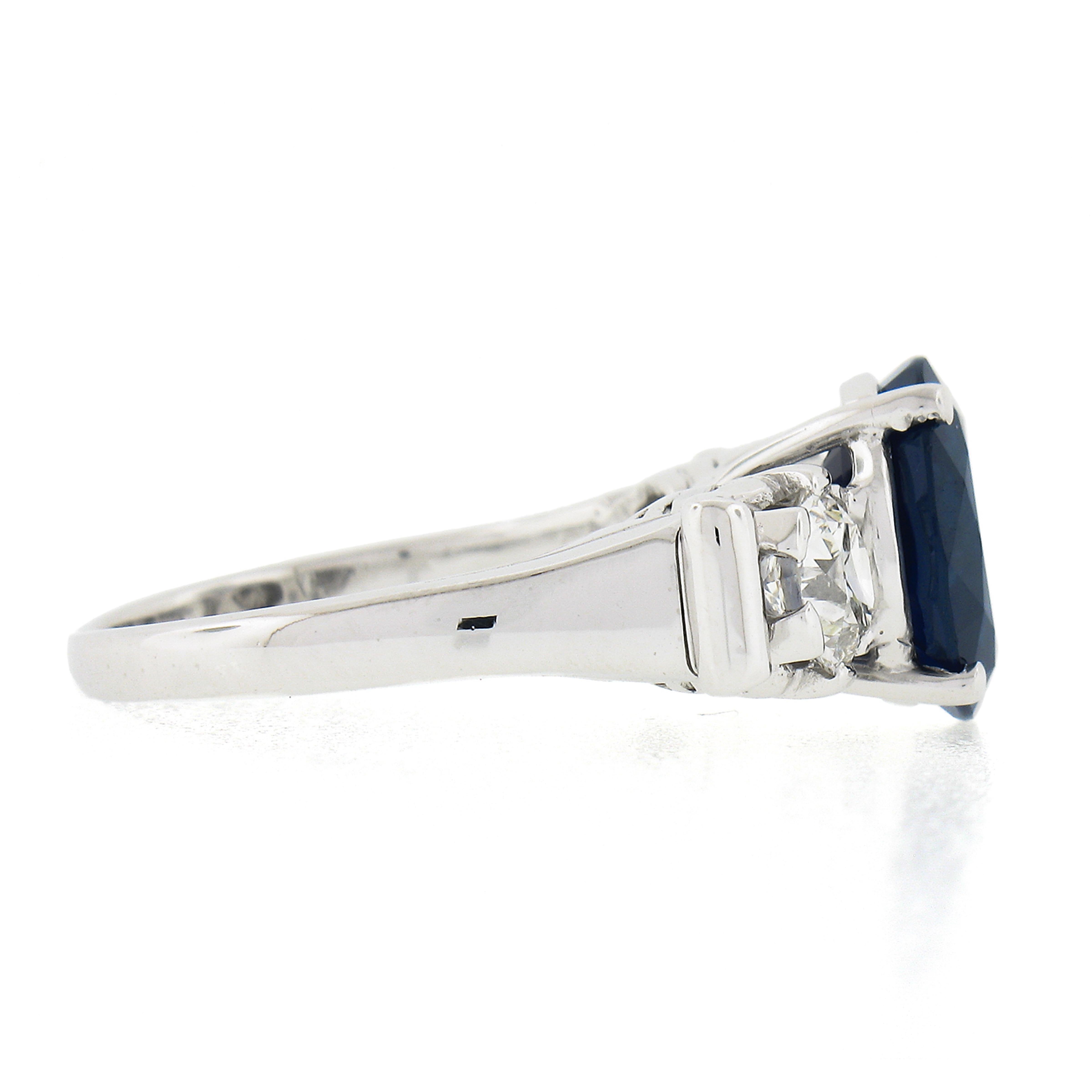 Women's Vintage Platinum 4.95ct GIA Oval Dark Blue Sapphire w/ Old European Diamond Ring For Sale