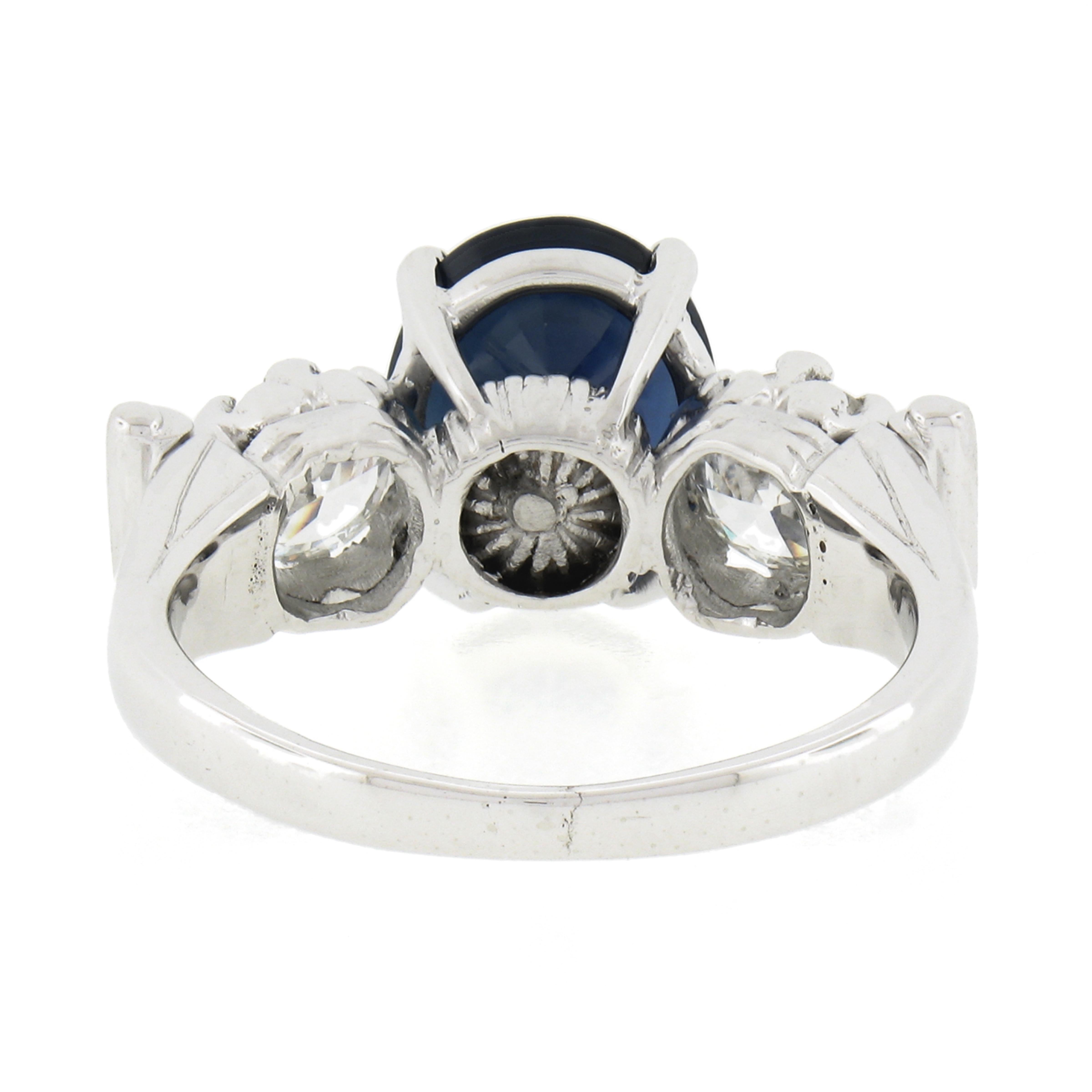 Vintage Platinum 4.95ct GIA Oval Dark Blue Sapphire w/ Old European Diamond Ring For Sale 2