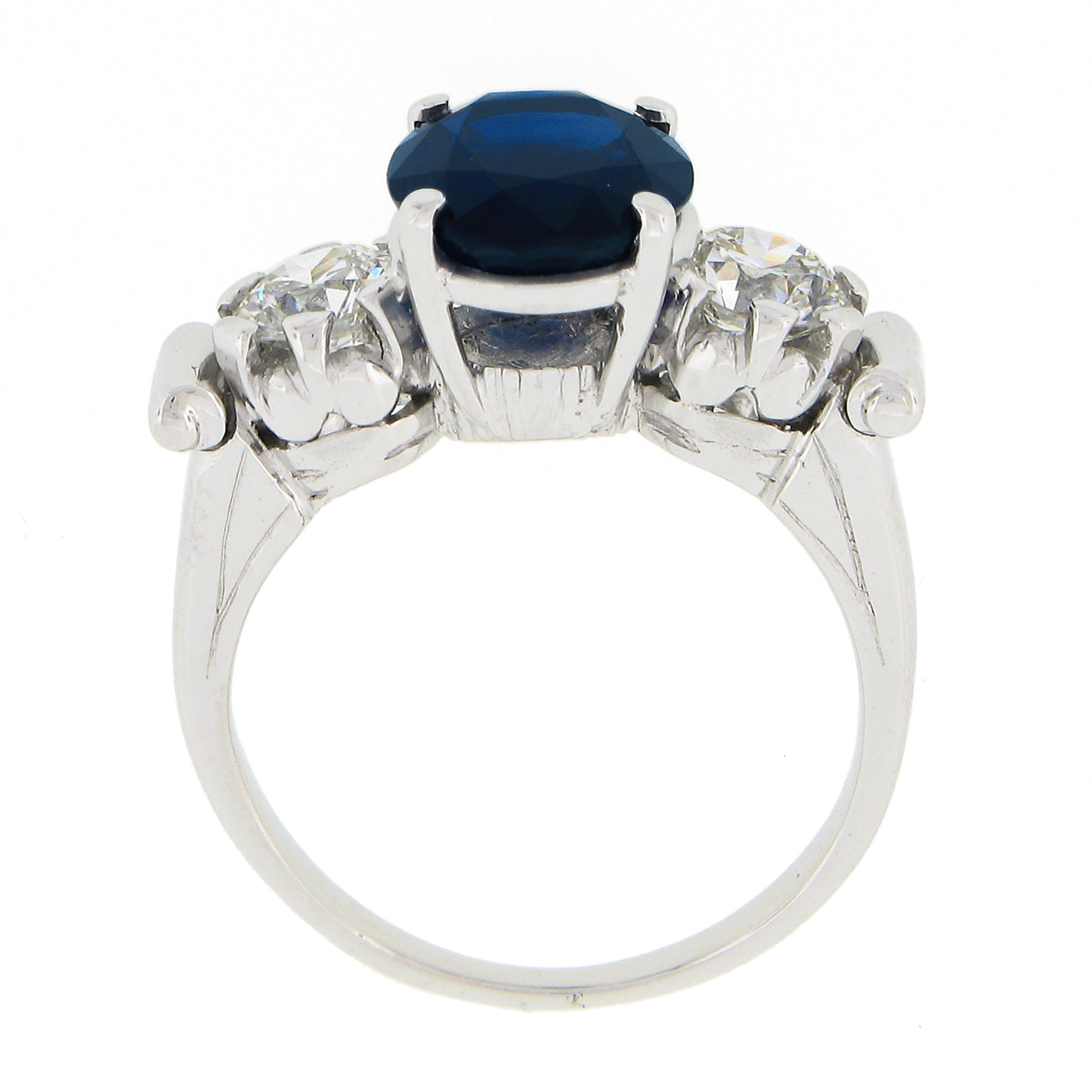 Vintage Platinum 4.95ct GIA Oval Dark Blue Sapphire w/ Old European Diamond Ring For Sale 3