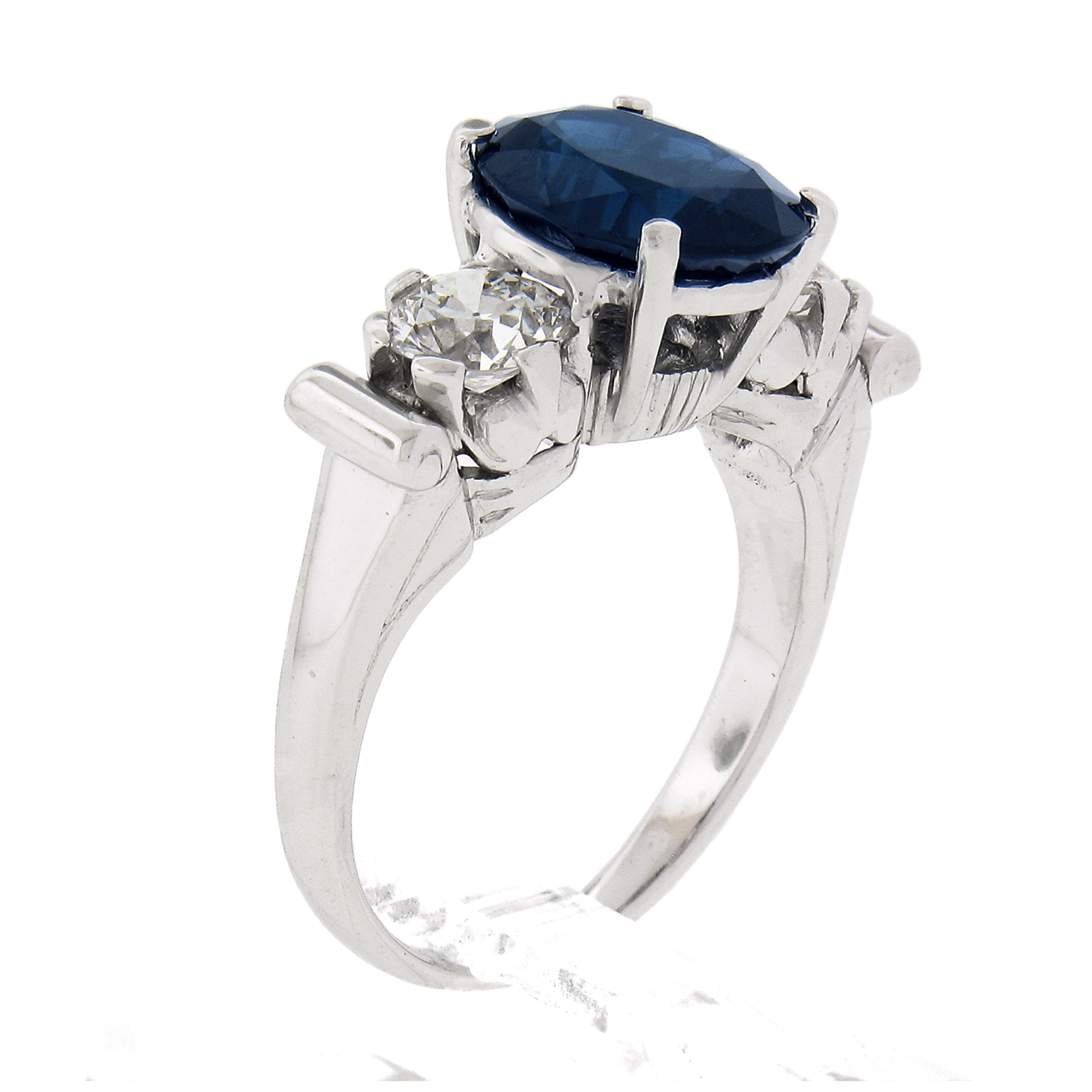 Vintage Platinum 4.95ct GIA Oval Dark Blue Sapphire w/ Old European Diamond Ring For Sale 4
