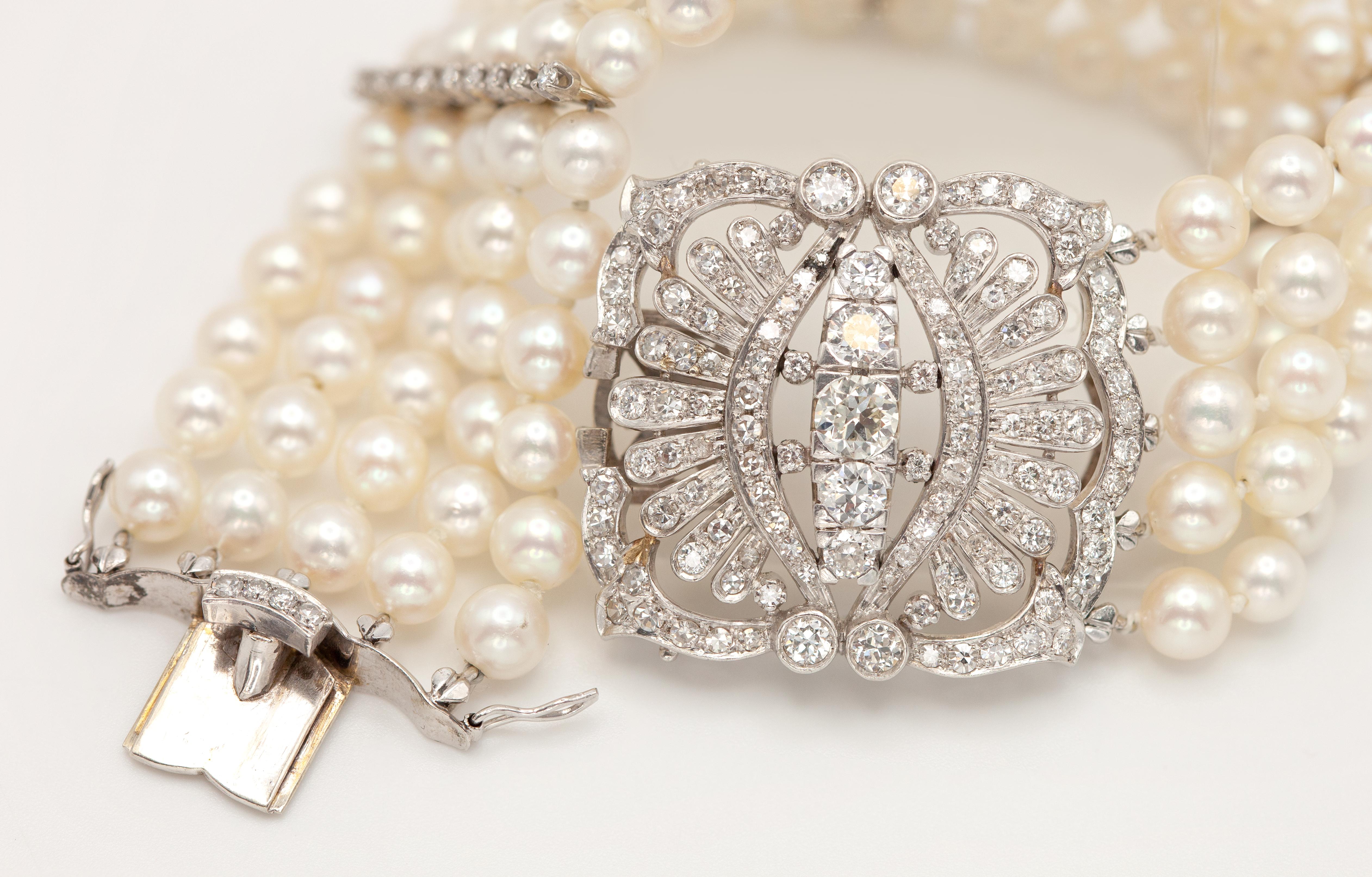 Vintage Platin 5 Karat Diamant Multi Strand Perlenarmband im Angebot 1