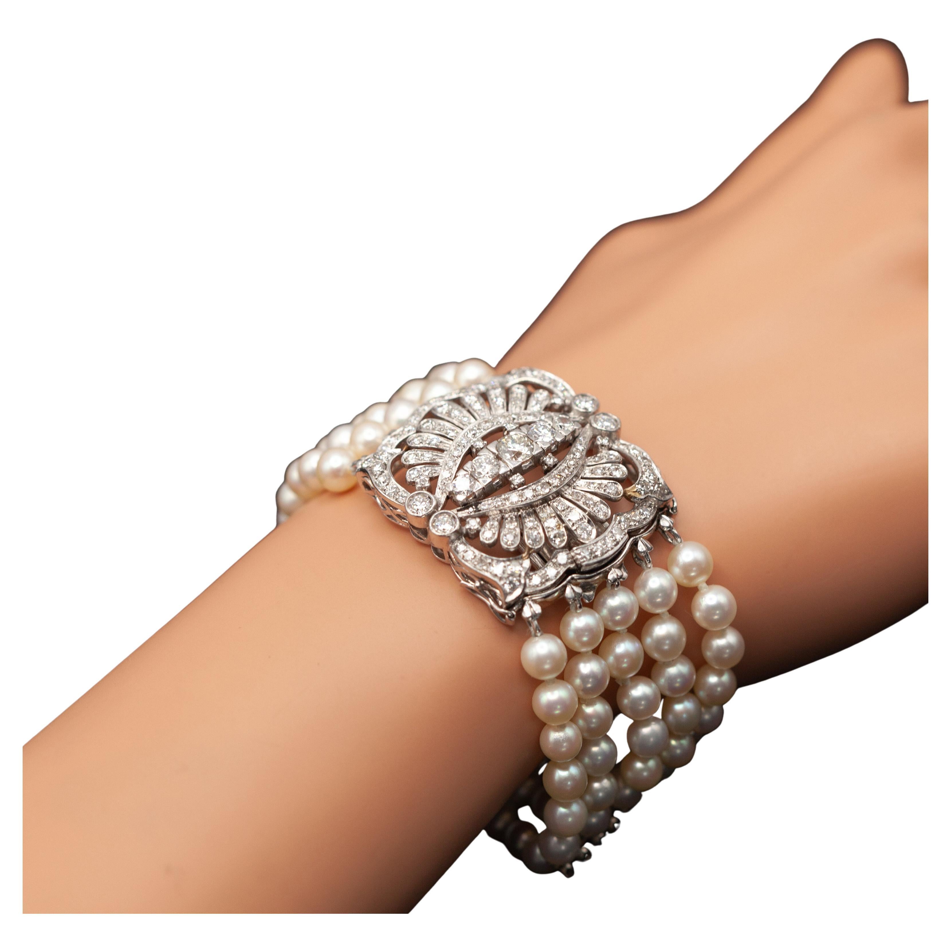 Vintage Platin 5 Karat Diamant Multi Strand Perlenarmband im Angebot