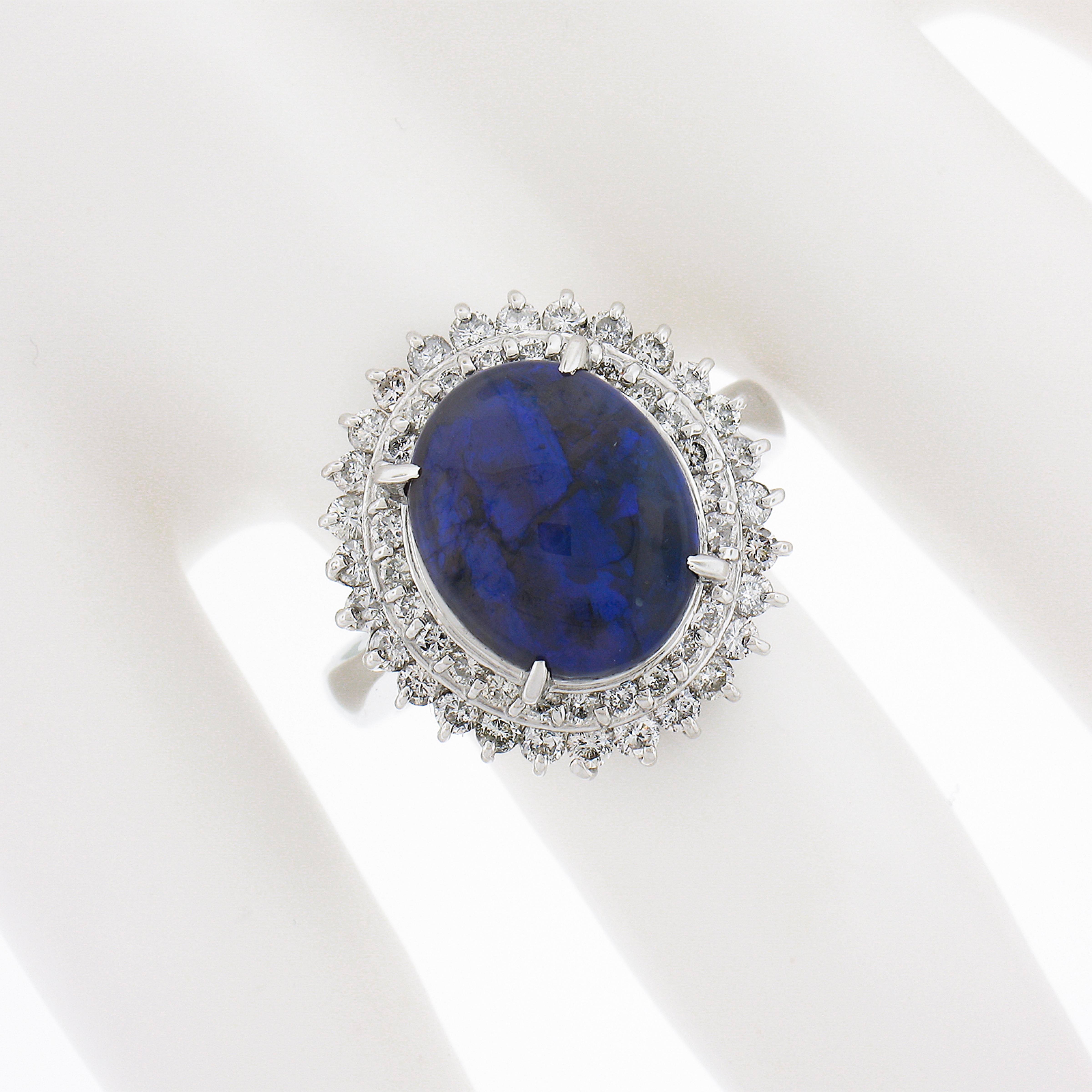 Women's Vintage Platinum 5.05ctw Unique Cabochon Opal w/ Round Diamond Double Halo Ring For Sale