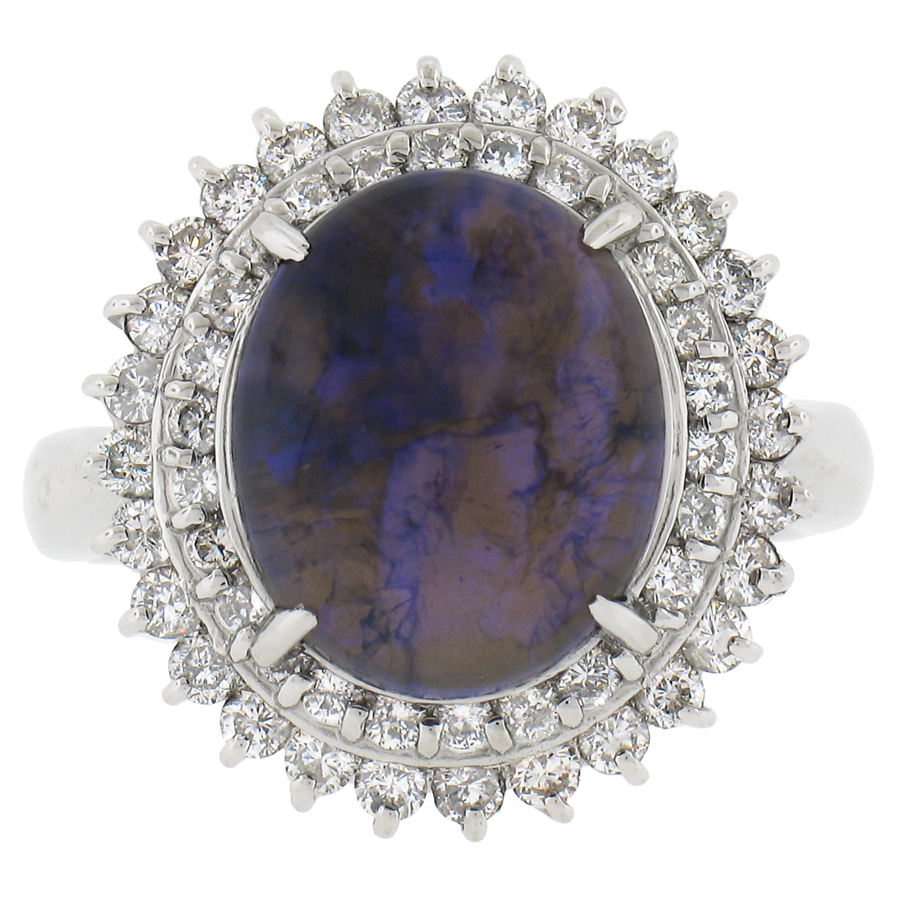 Vintage Platinum 5.05ctw Unique Cabochon Opal w/ Round Diamond Double Halo Ring For Sale