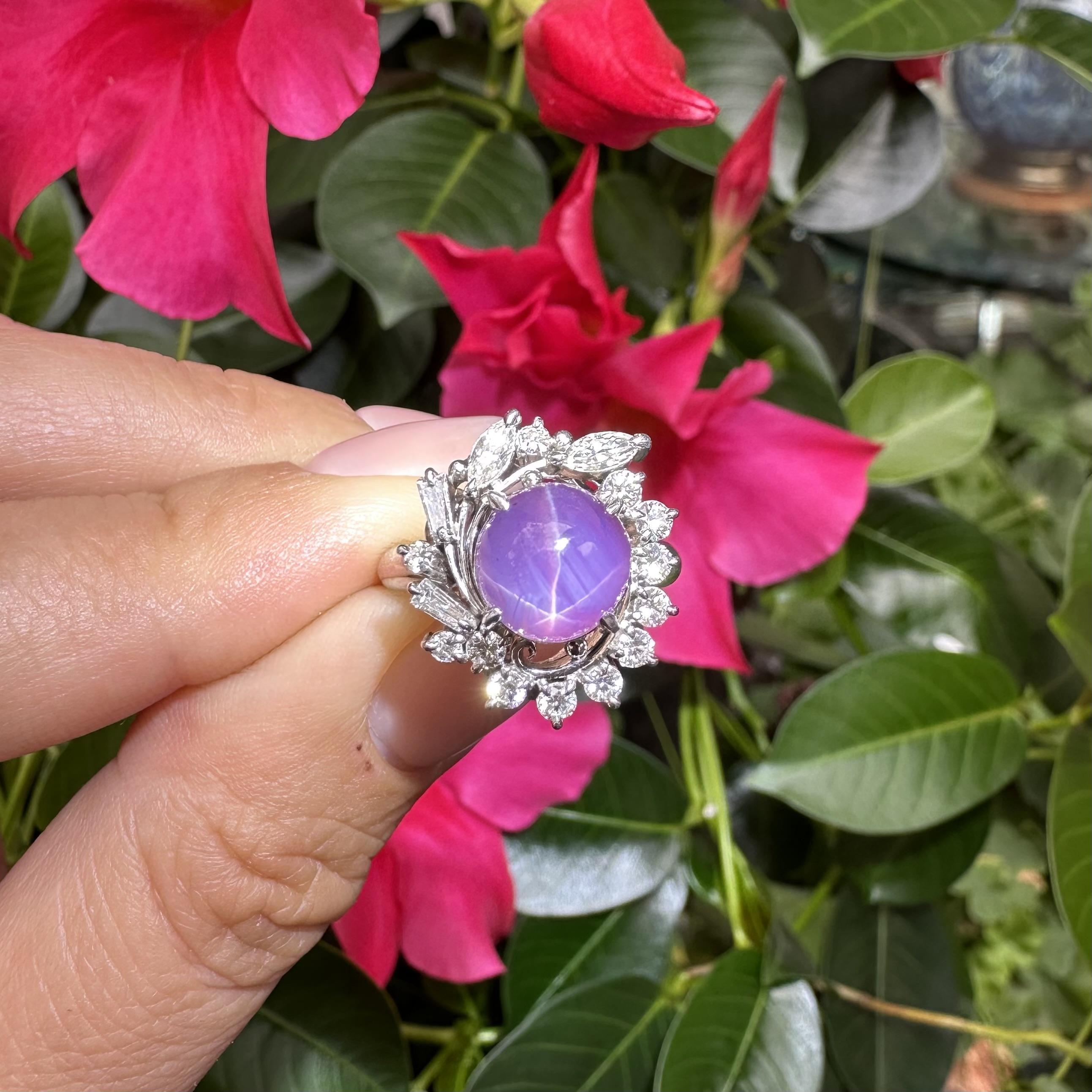 Anello vintage in platino con rubino rotondo cabochon e diamanti da 5,07 ct. in vendita 10
