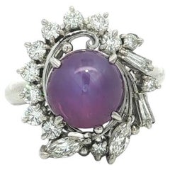 Vintage Platinum 5.07ctw Round Cabochon Star Ruby w/ Diamond Swirl Ring
