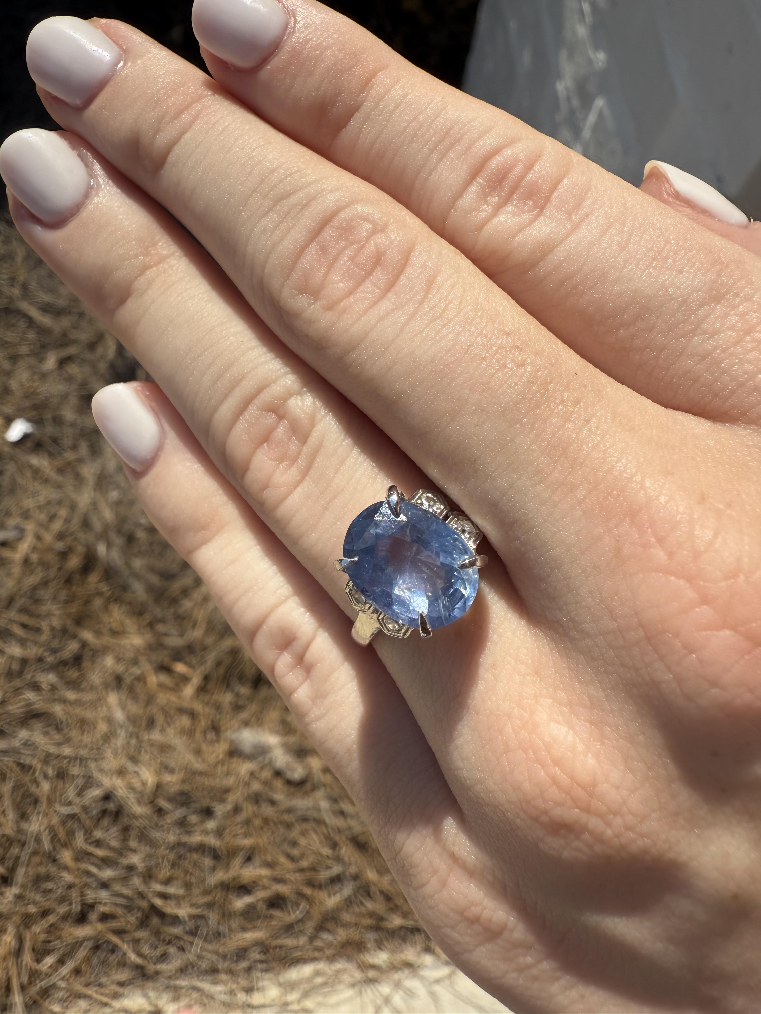 Anillo vintage de platino con zafiro de Ceilán de 5,11 quilates GIA sin calor Art Decó en venta