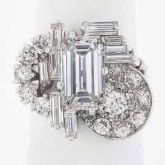 Vintage Platinum 5.1ct GIA Emerald Cut Baguette & Round Diamond Geometric Ring