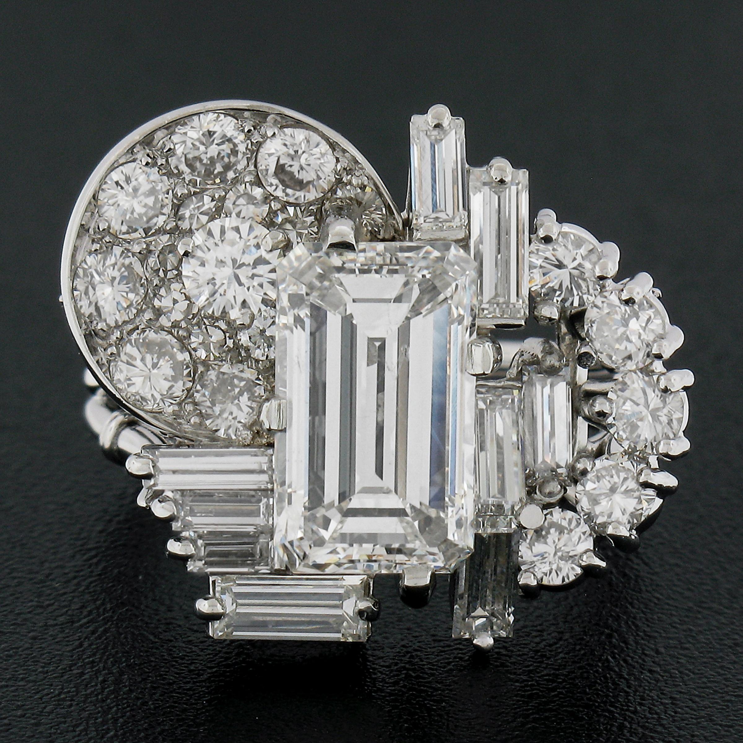 Modernist Vintage Platinum 5.1ct GIA Emerald Cut Baguette & Round Diamond Geometric Ring For Sale