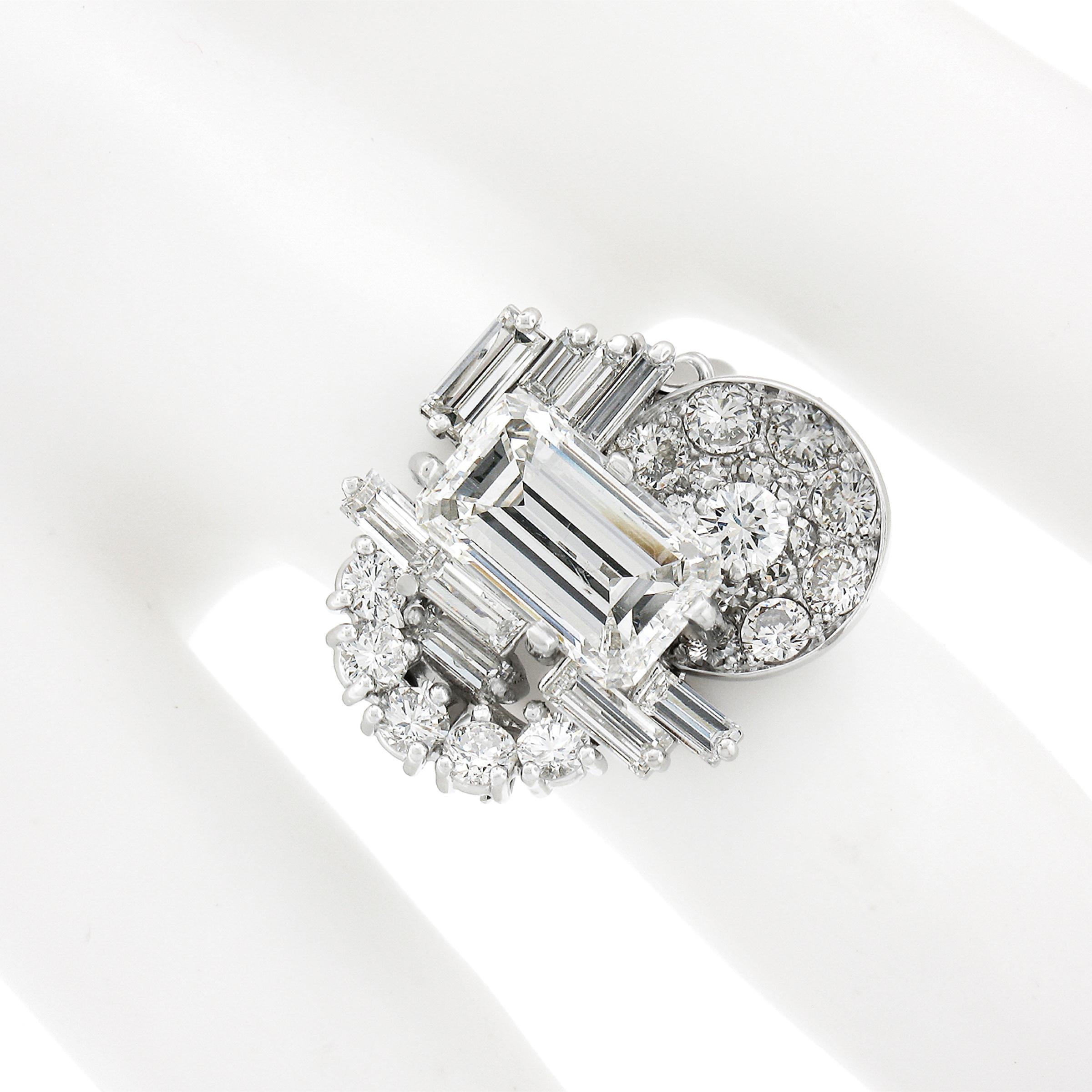 Vintage Platinum 5.1ct GIA Emerald Cut Baguette & Round Diamond Geometric Ring In Excellent Condition For Sale In Montclair, NJ