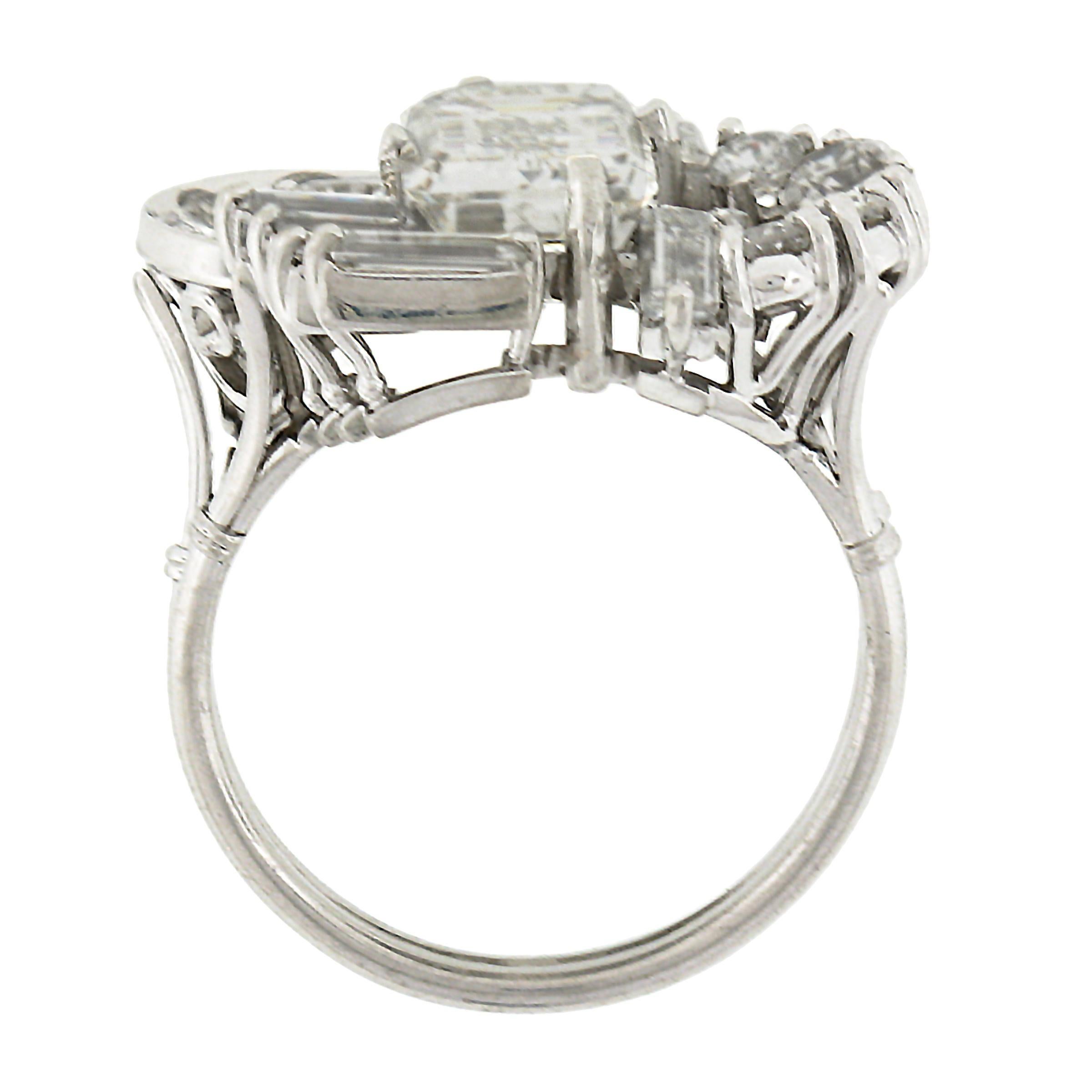 Vintage Platinum 5.1ct GIA Emerald Cut Baguette & Round Diamond Geometric Ring For Sale 3