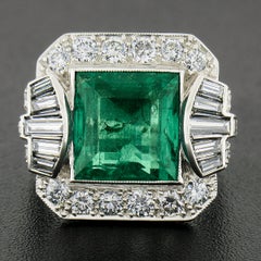 Vintage Platinum 5.2ctw AGL Square Step Colombian Emerald & Diamond Platter Ring