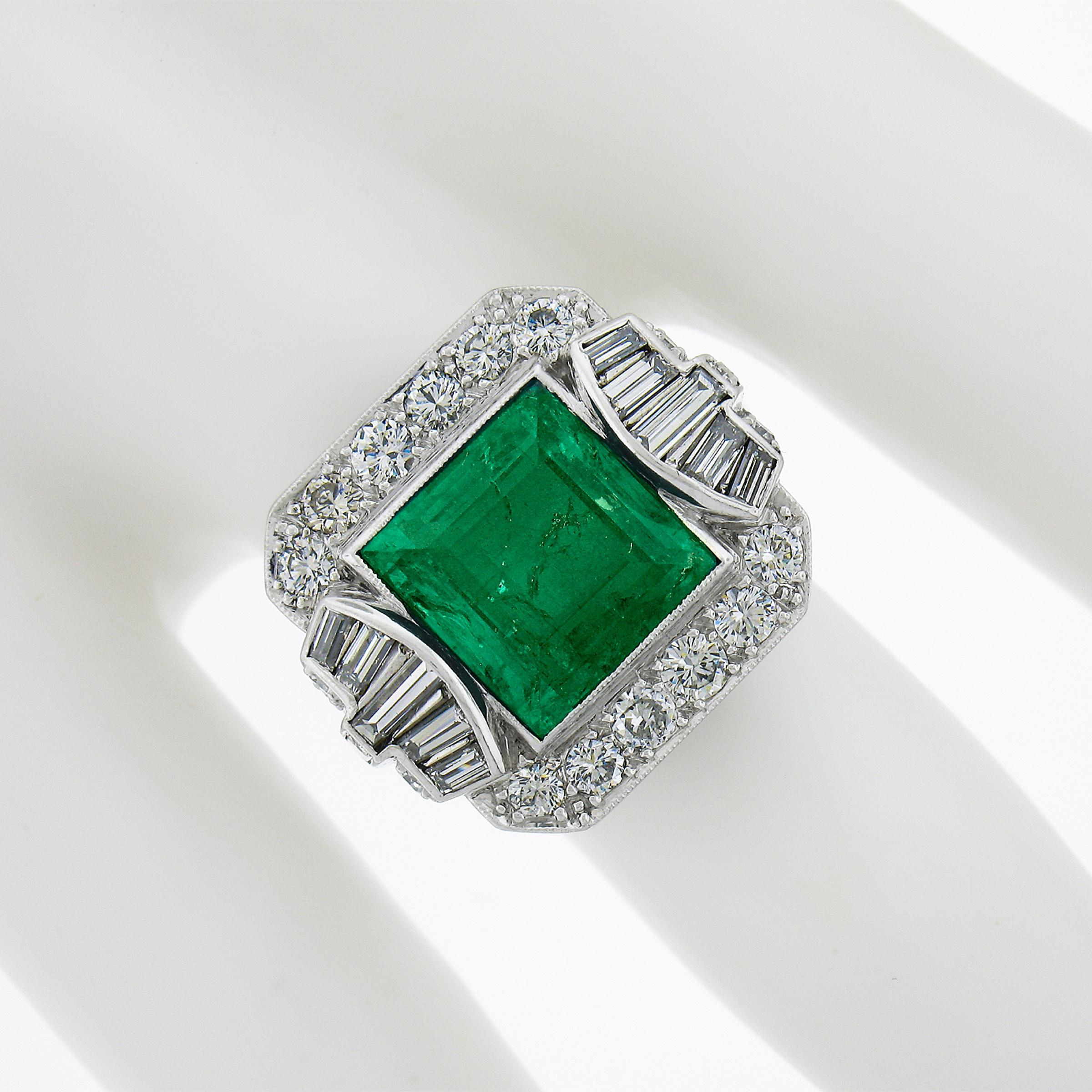 Art Deco Vintage Platinum 5.2ctw AGL Square Step Colombian Emerald & Diamond Platter Ring For Sale