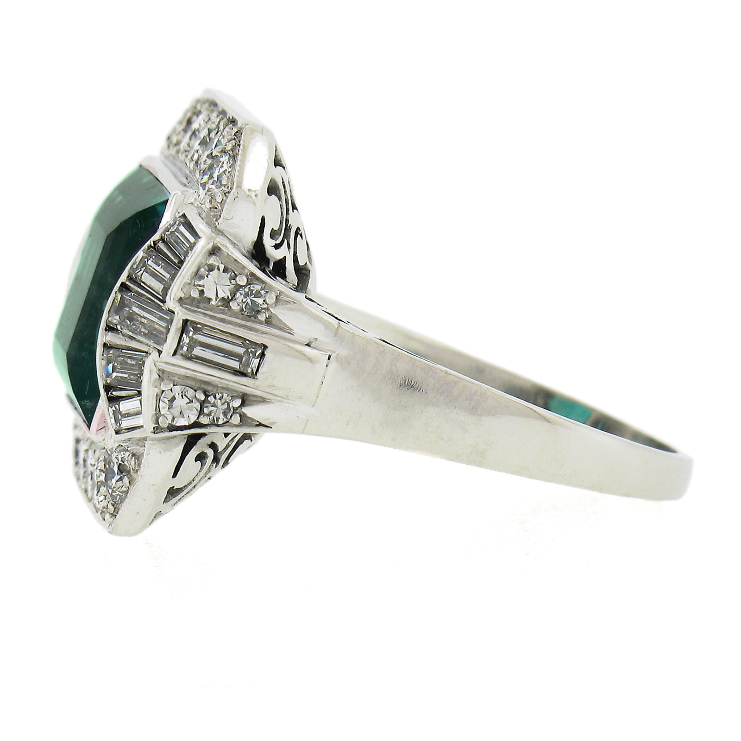 Vintage Platinum 5.2ctw AGL Square Step Colombian Emerald & Diamond Platter Ring In Excellent Condition For Sale In Montclair, NJ