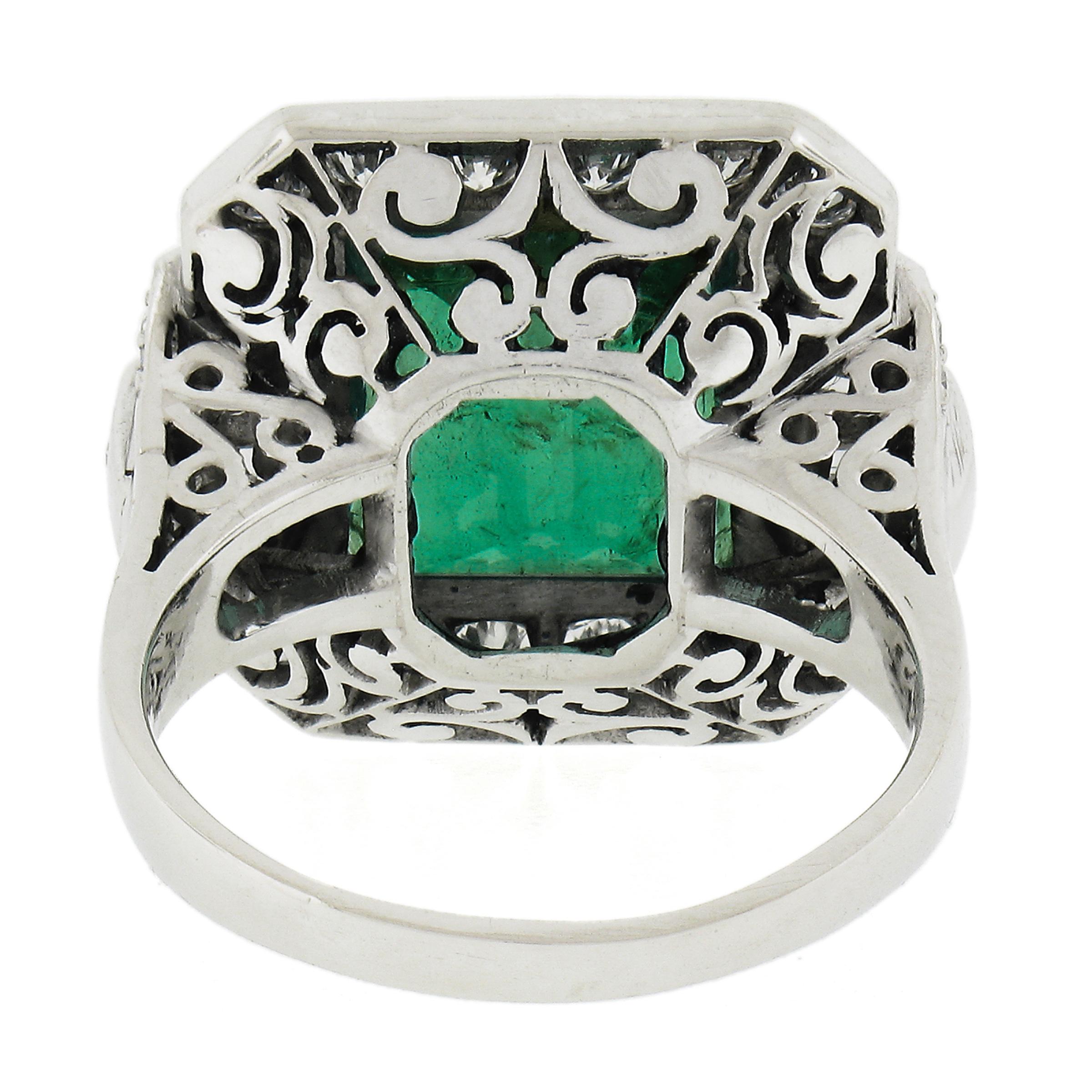 Women's Vintage Platinum 5.2ctw AGL Square Step Colombian Emerald & Diamond Platter Ring For Sale