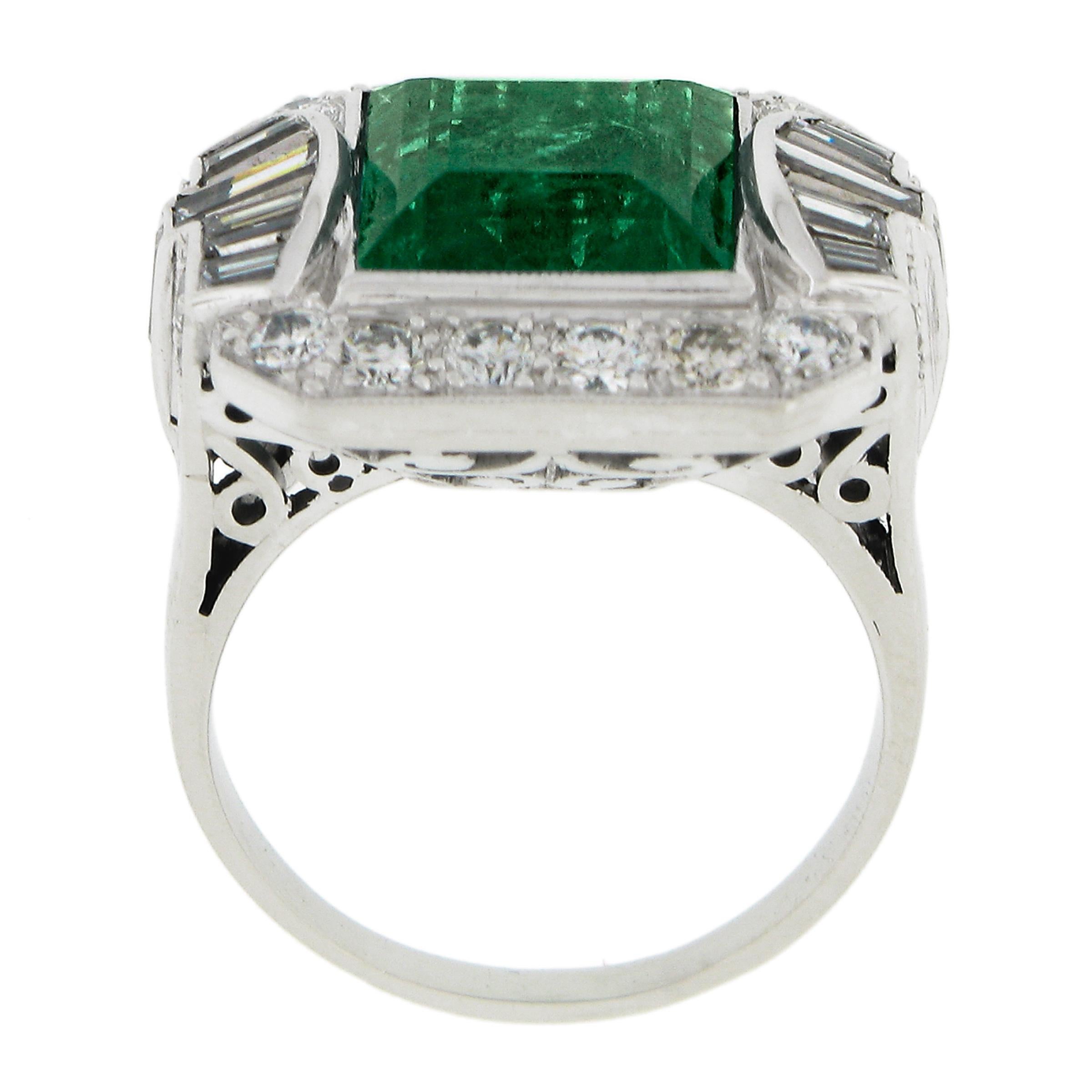 Vintage Platinum 5.2ctw AGL Square Step Colombian Emerald & Diamond Platter Ring For Sale 1