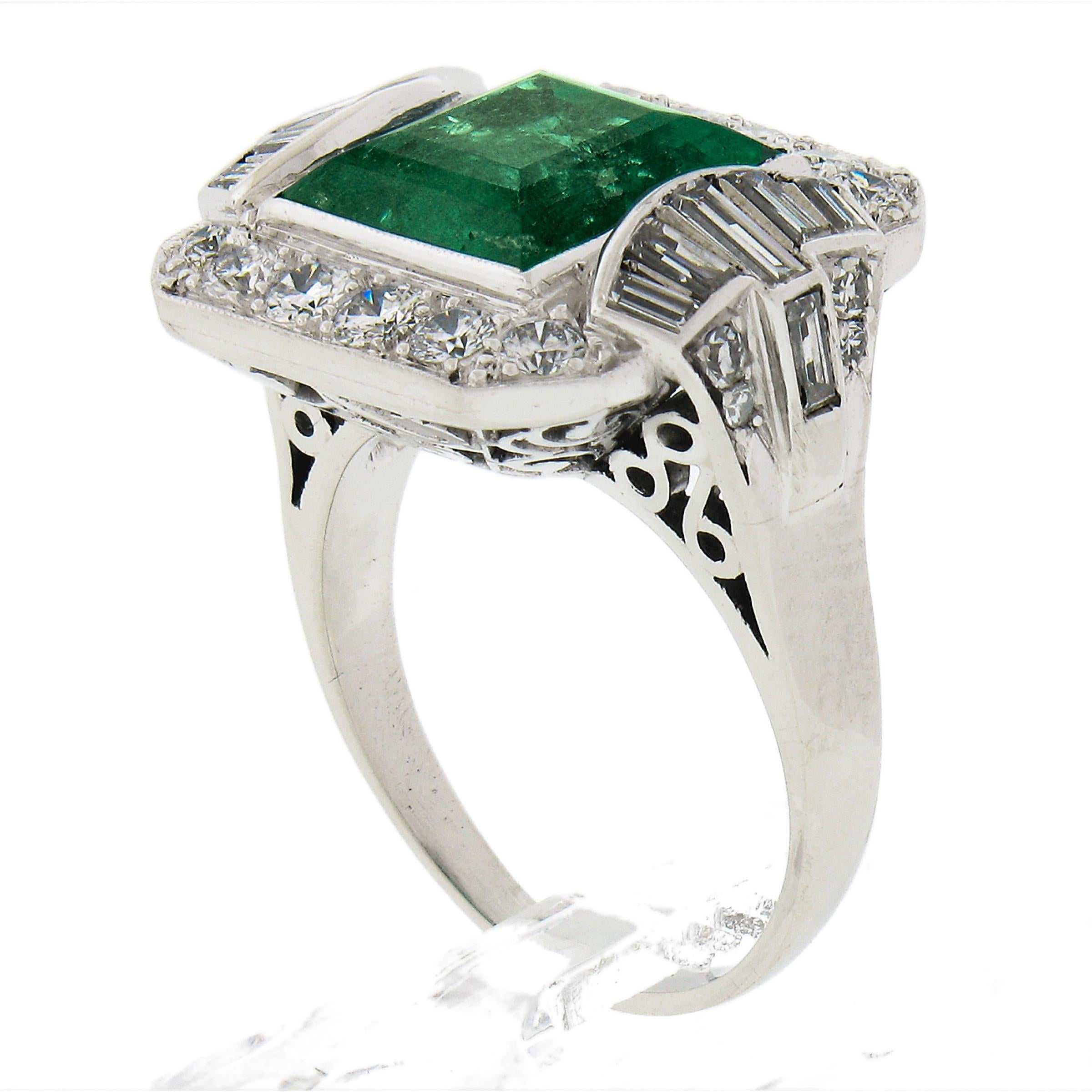 Vintage Platinum 5.2ctw AGL Square Step Colombian Emerald & Diamond Platter Ring For Sale 2