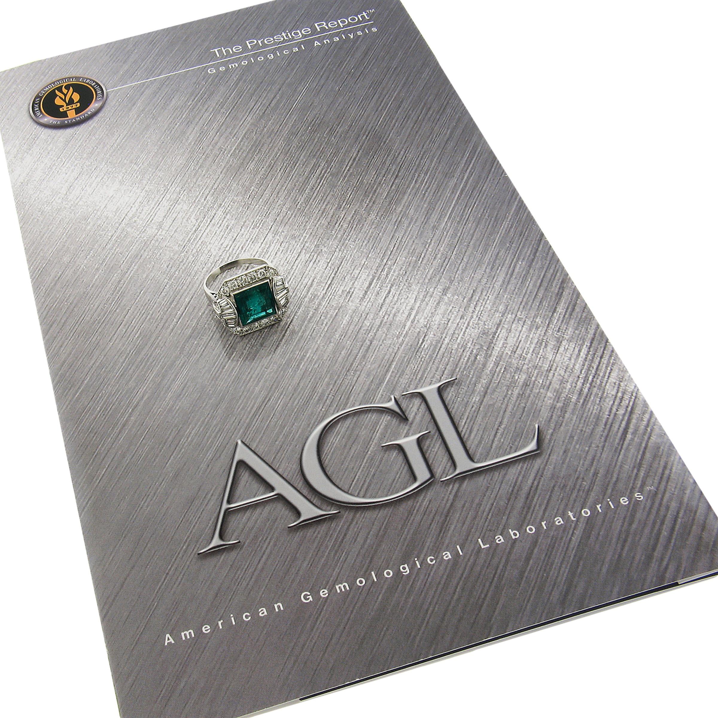 Vintage Platinum 5.2ctw AGL Square Step Colombian Emerald & Diamond Platter Ring For Sale 3