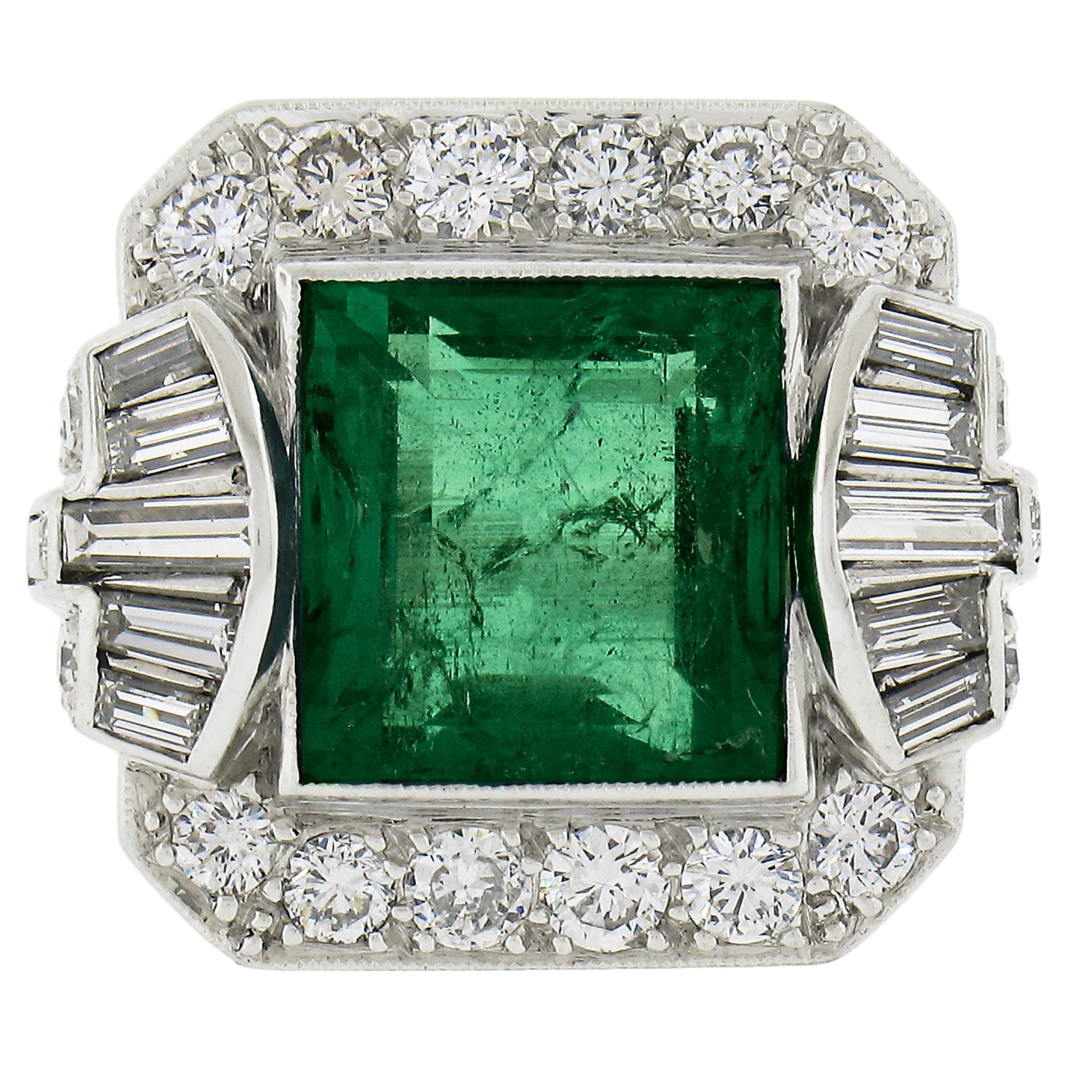 Vintage Platinum 5.2ctw AGL Square Step Colombian Emerald & Diamond Platter Ring For Sale