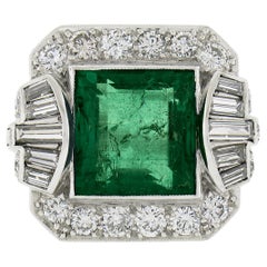 Vintage Platinum 5.2ctw AGL Square Step Colombian Emerald & Diamond Platter Ring