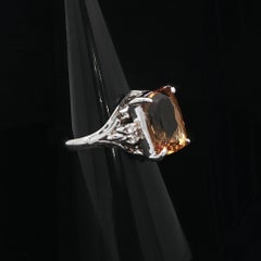 Vintage Platinum 5.52ctw Long Cushion Golden Precious Topaz Diamond Accents Ring