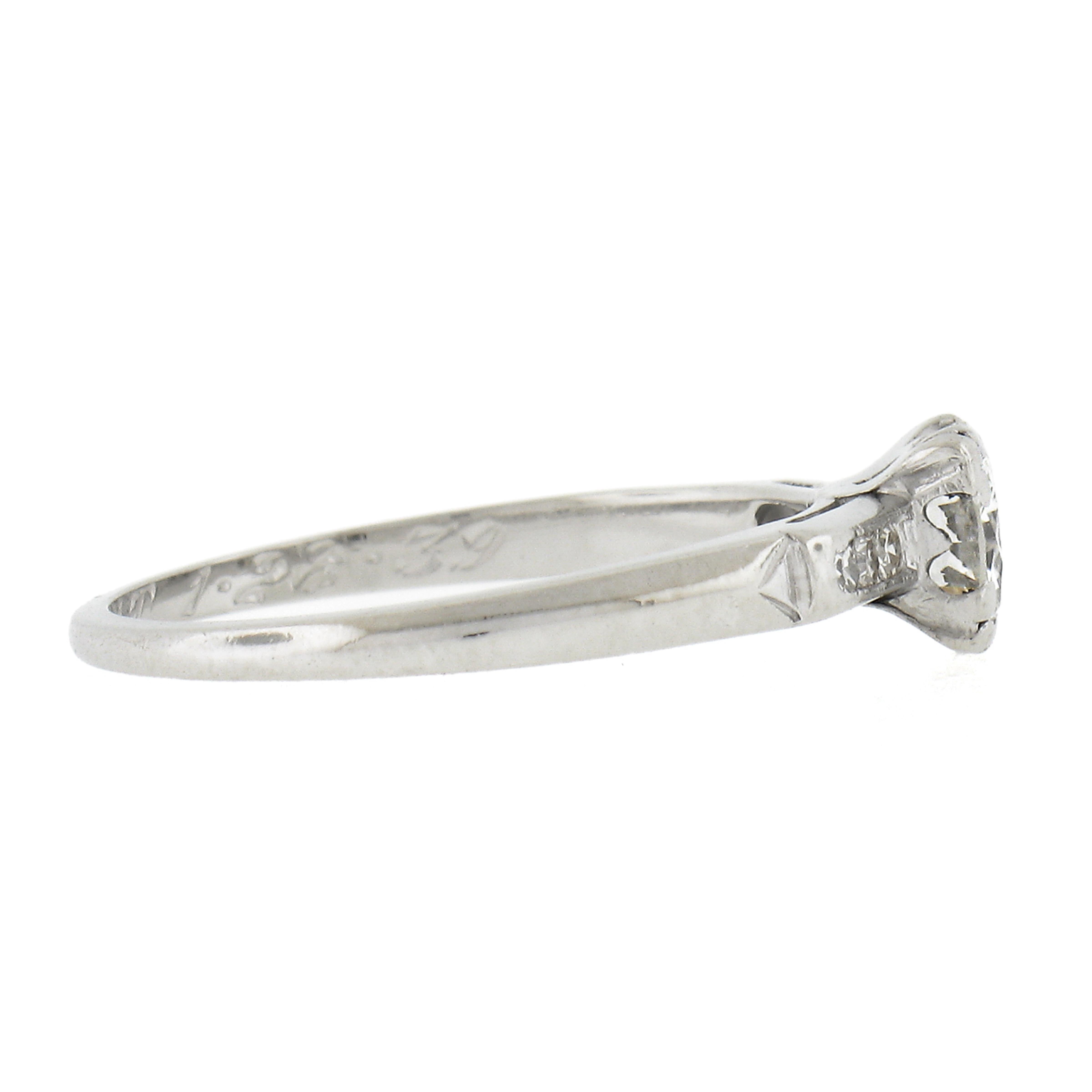 Vintage Platinum .58ctw Old European Cut Diamond Solitaire Engagement Ring For Sale 1